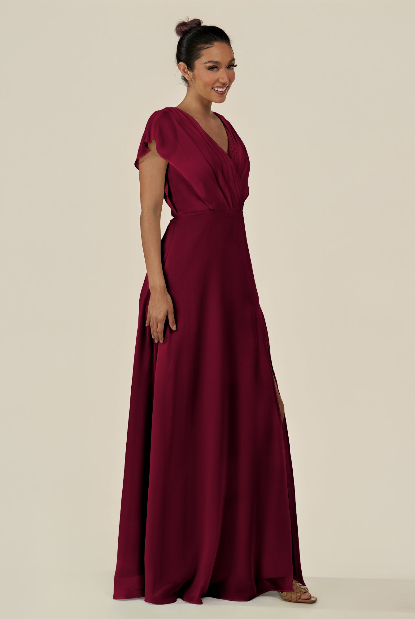 KissDress-Aven Berry A Line Chiffon Cap Sleeves V Neck Pleated Long Bridesmaid Dress with Slit