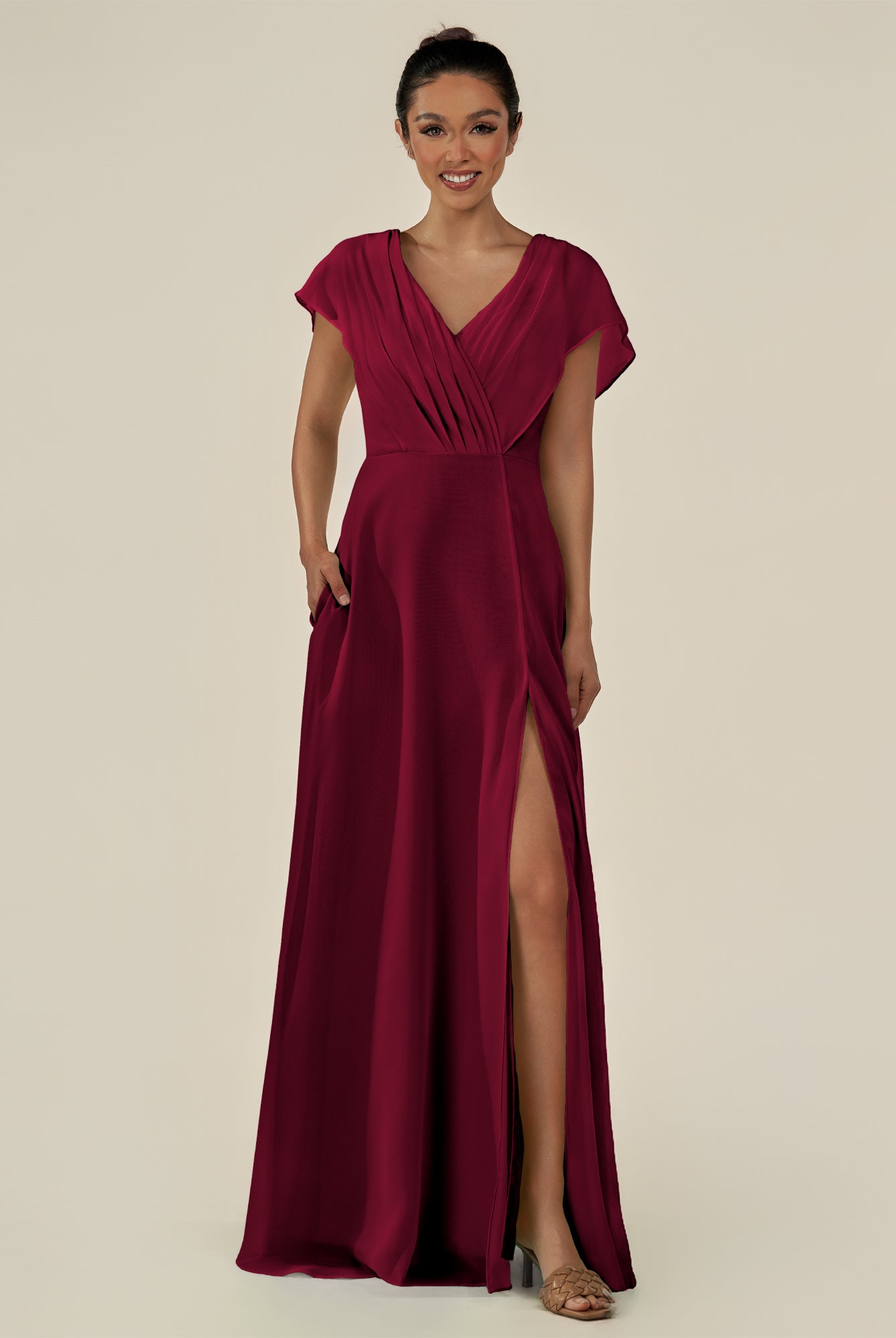 KissDress-Aven Berry A Line Chiffon Cap Sleeves V Neck Pleated Long Bridesmaid Dress with Slit