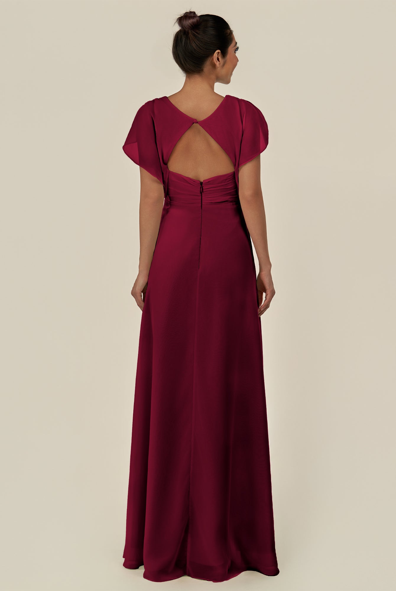 KissDress-Aven Berry A Line Chiffon Cap Sleeves V Neck Pleated Long Bridesmaid Dress with Slit