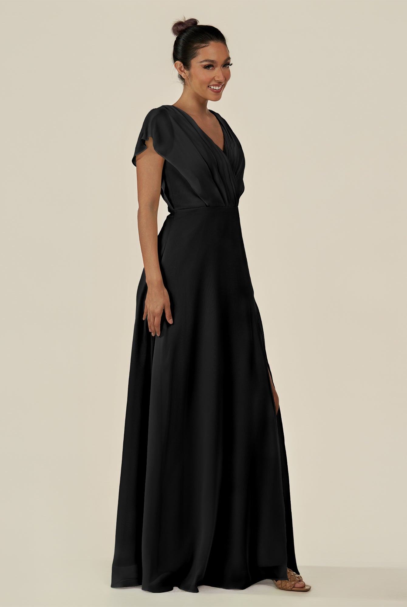 KissDress-Aven Black A Line Chiffon Cap Sleeves V Neck Pleated Long Bridesmaid Dress with Slit