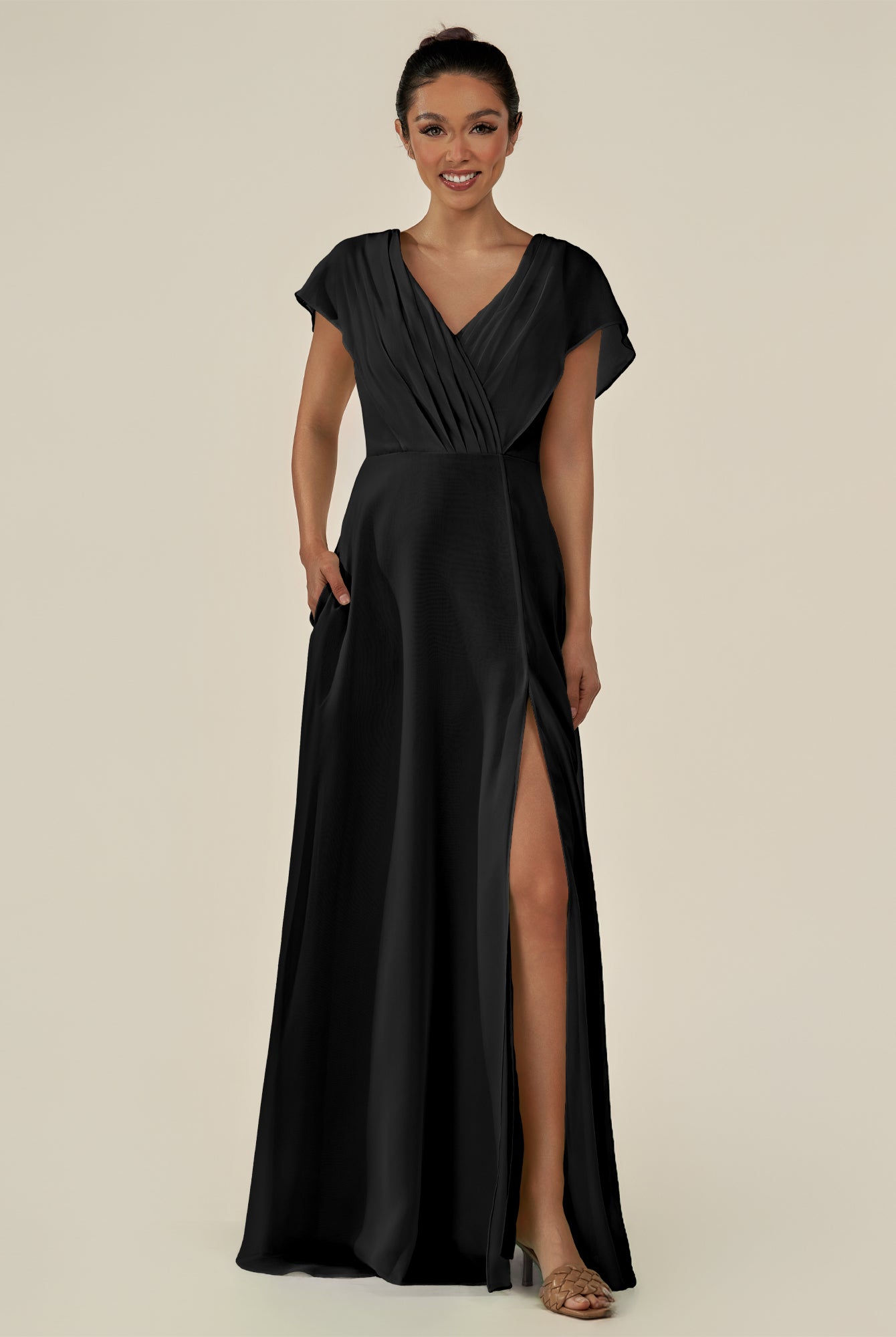 KissDress-Aven Black A Line Chiffon Cap Sleeves V Neck Pleated Long Bridesmaid Dress with Slit