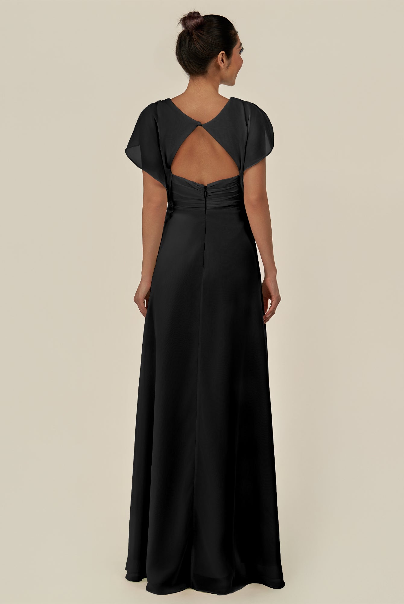 KissDress-Aven Black A Line Chiffon Cap Sleeves V Neck Pleated Long Bridesmaid Dress with Slit