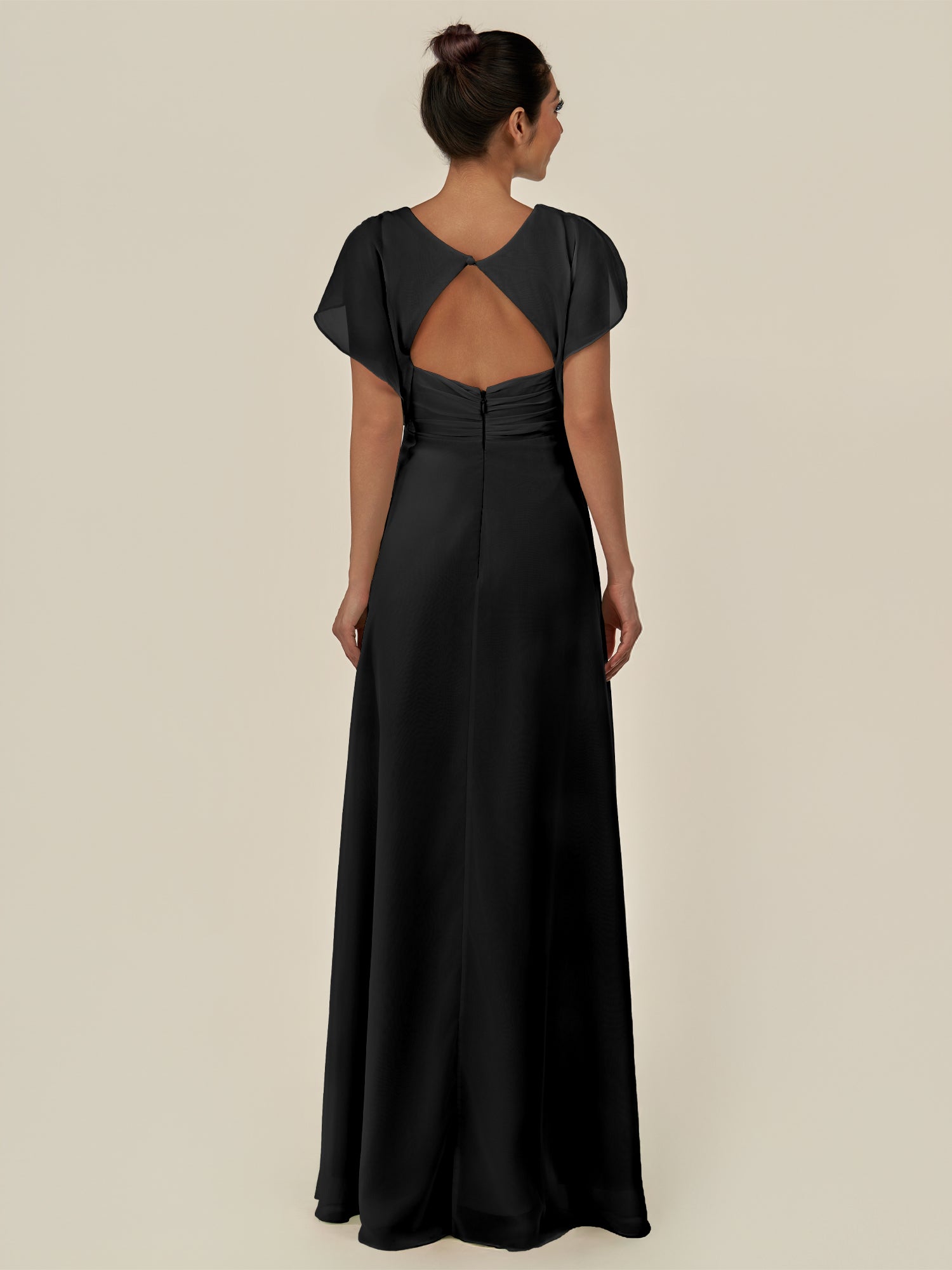 KissDress-Aven Black A Line Chiffon Cap Sleeves V Neck Pleated Long Bridesmaid Dress with Slit