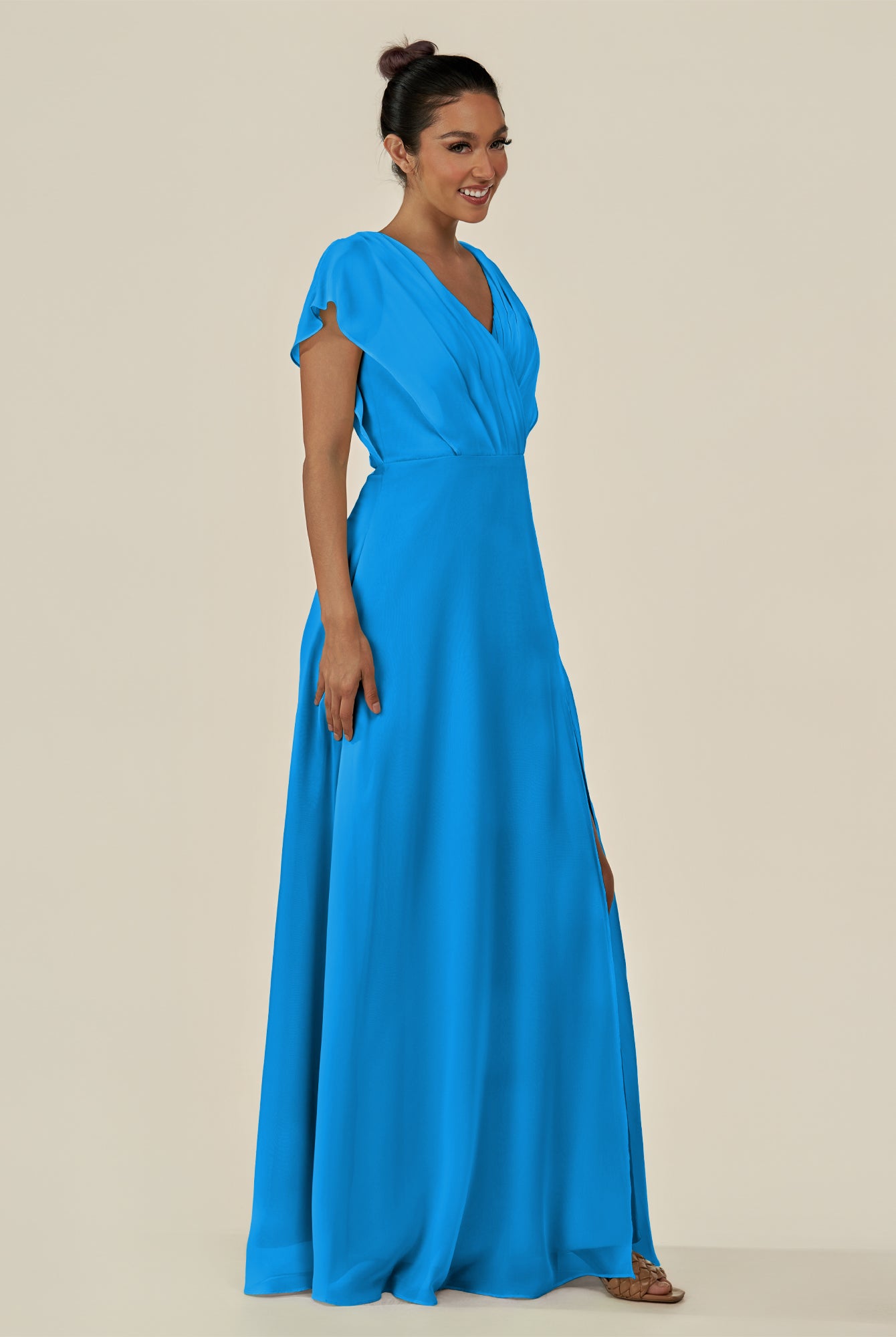 KissDress-Aven Blue Jay A Line Chiffon Cap Sleeves V Neck Pleated Long Bridesmaid Dress with Slit