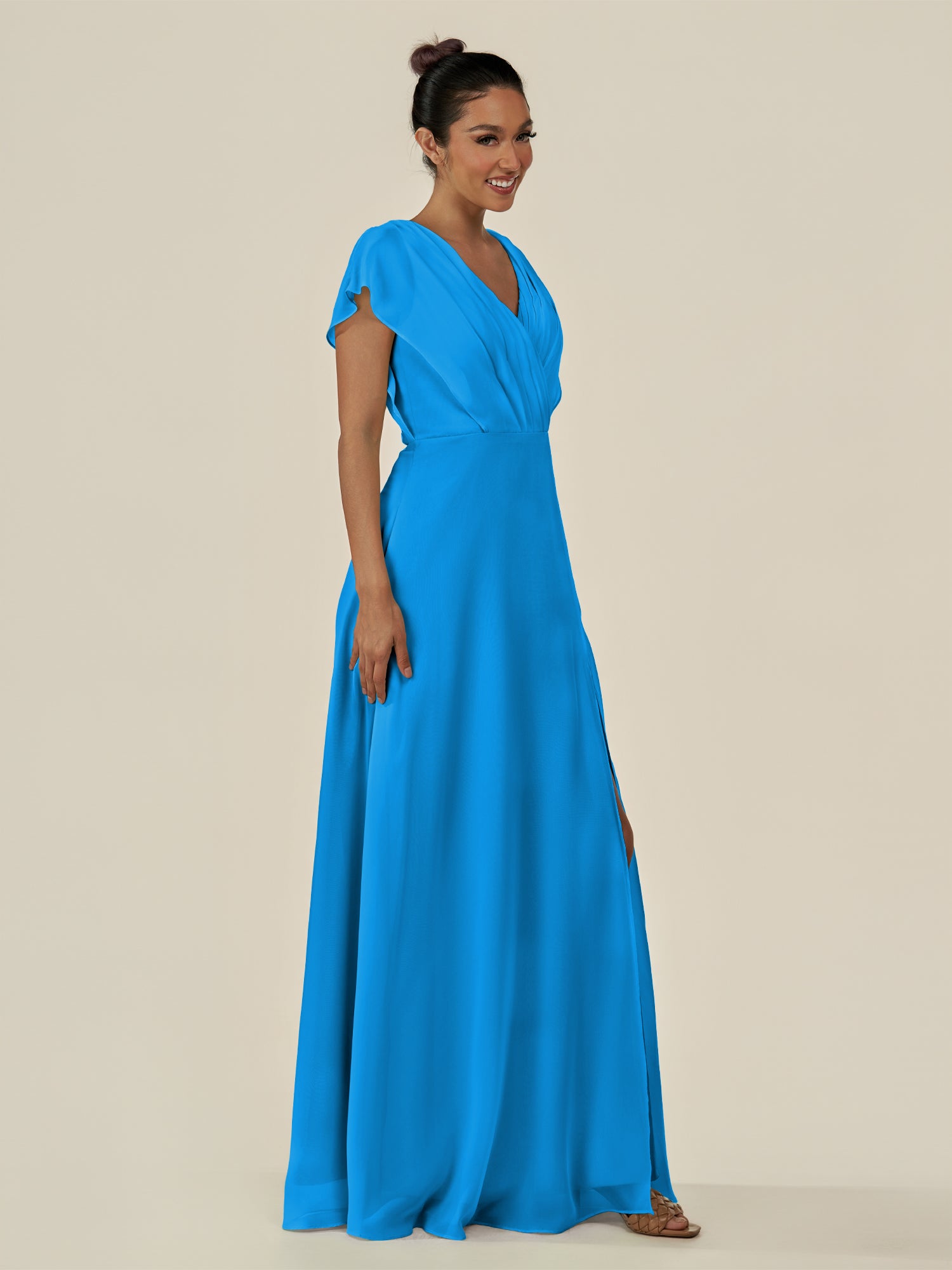 KissDress-Aven Blue Jay A Line Chiffon Cap Sleeves V Neck Pleated Long Bridesmaid Dress with Slit