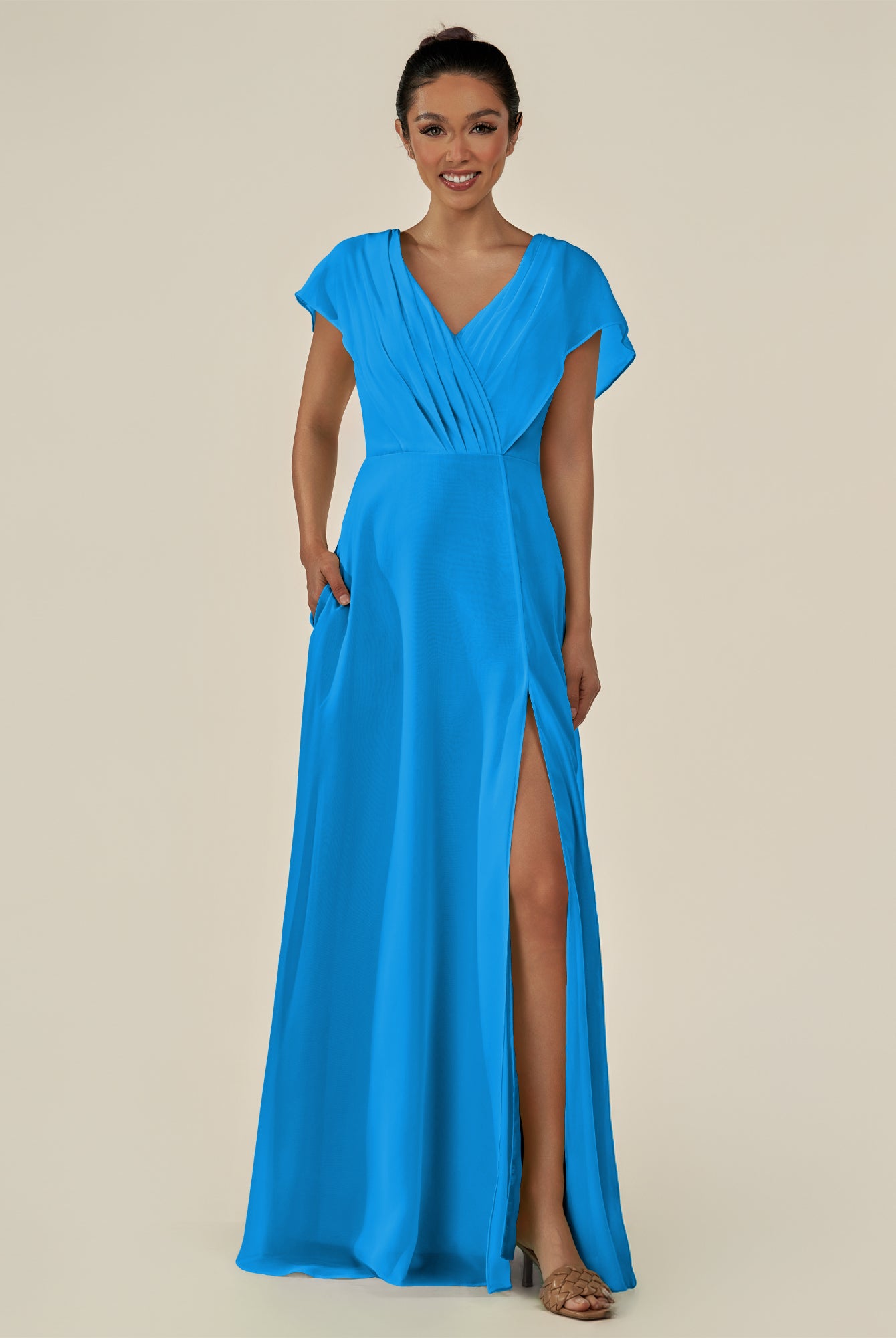 KissDress-Aven Blue Jay A Line Chiffon Cap Sleeves V Neck Pleated Long Bridesmaid Dress with Slit