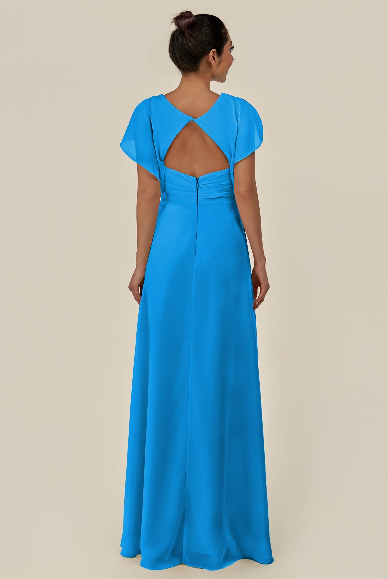 KissDress-Aven Blue Jay A Line Chiffon Cap Sleeves V Neck Pleated Long Bridesmaid Dress with Slit