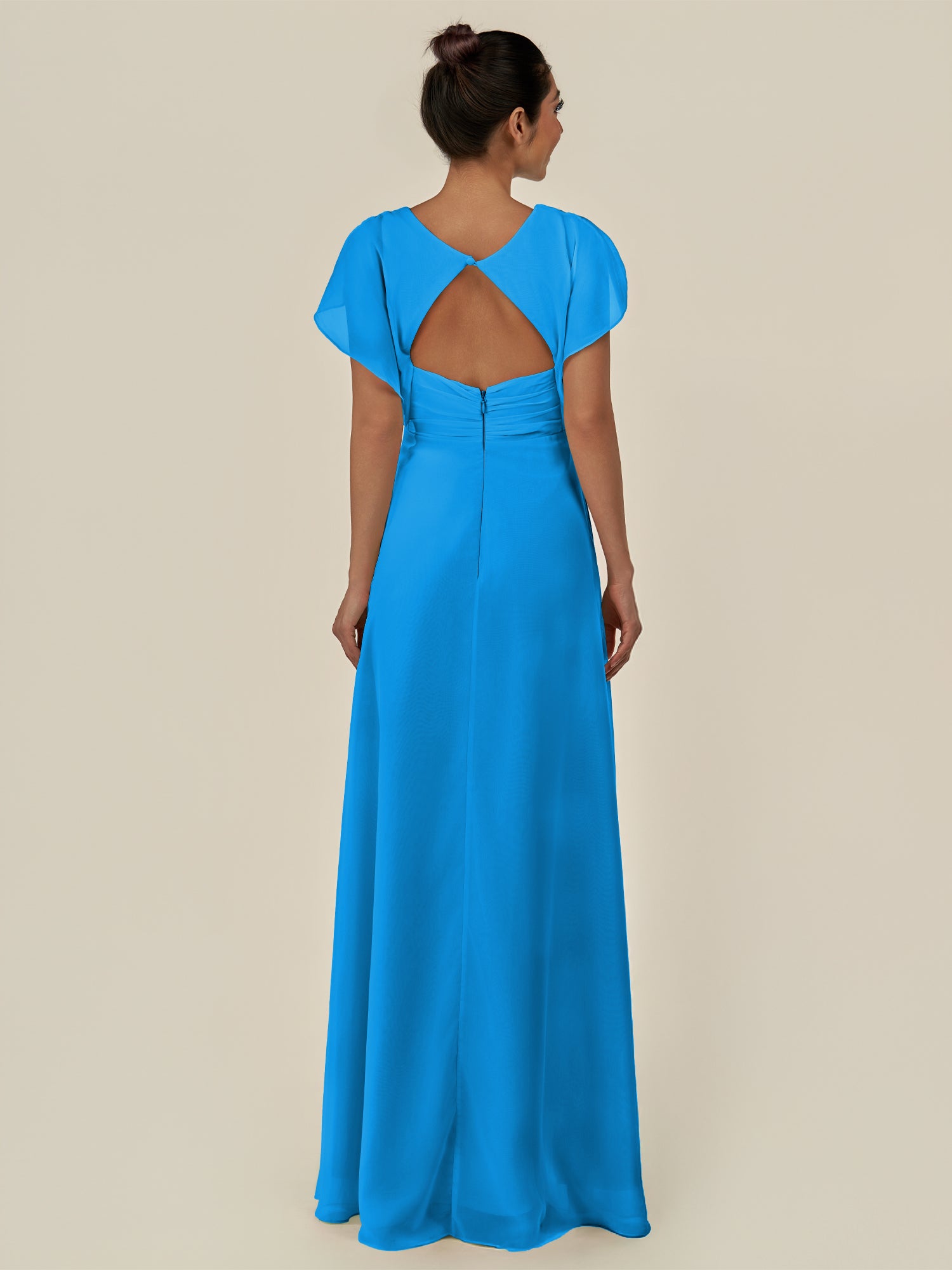 KissDress-Aven Blue Jay A Line Chiffon Cap Sleeves V Neck Pleated Long Bridesmaid Dress with Slit