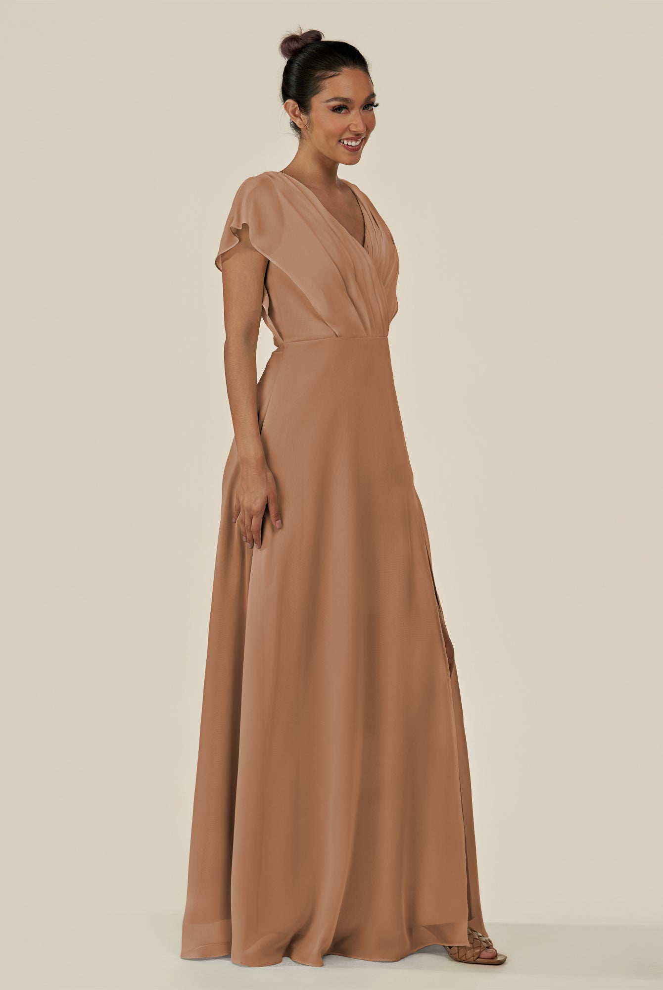 KissDress-Aven Bronzer A Line Chiffon Cap Sleeves V Neck Pleated Long Bridesmaid Dress with Slit