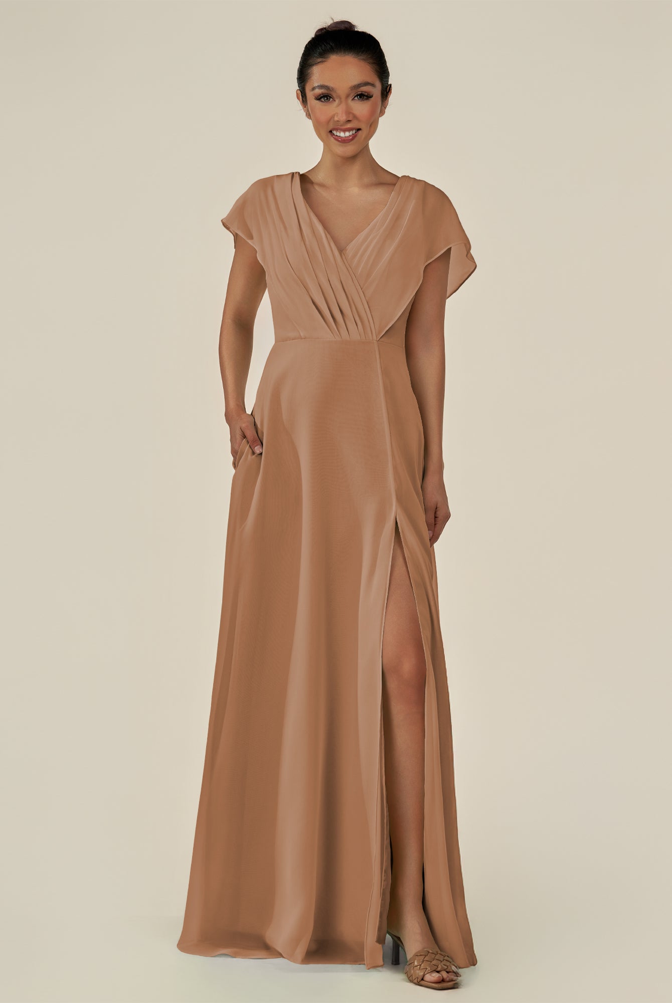 KissDress-Aven Bronzer A Line Chiffon Cap Sleeves V Neck Pleated Long Bridesmaid Dress with Slit
