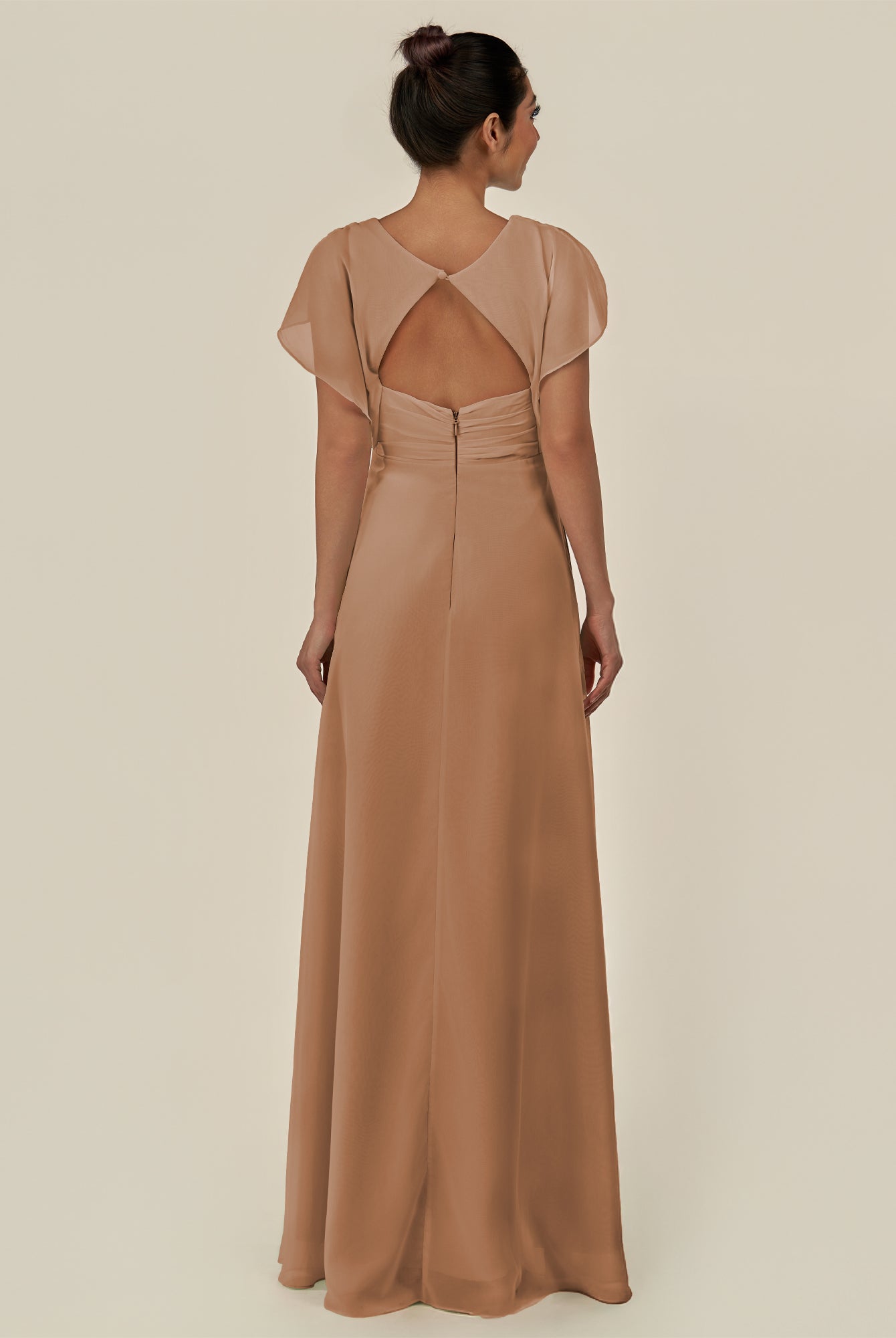 KissDress-Aven Bronzer A Line Chiffon Cap Sleeves V Neck Pleated Long Bridesmaid Dress with Slit