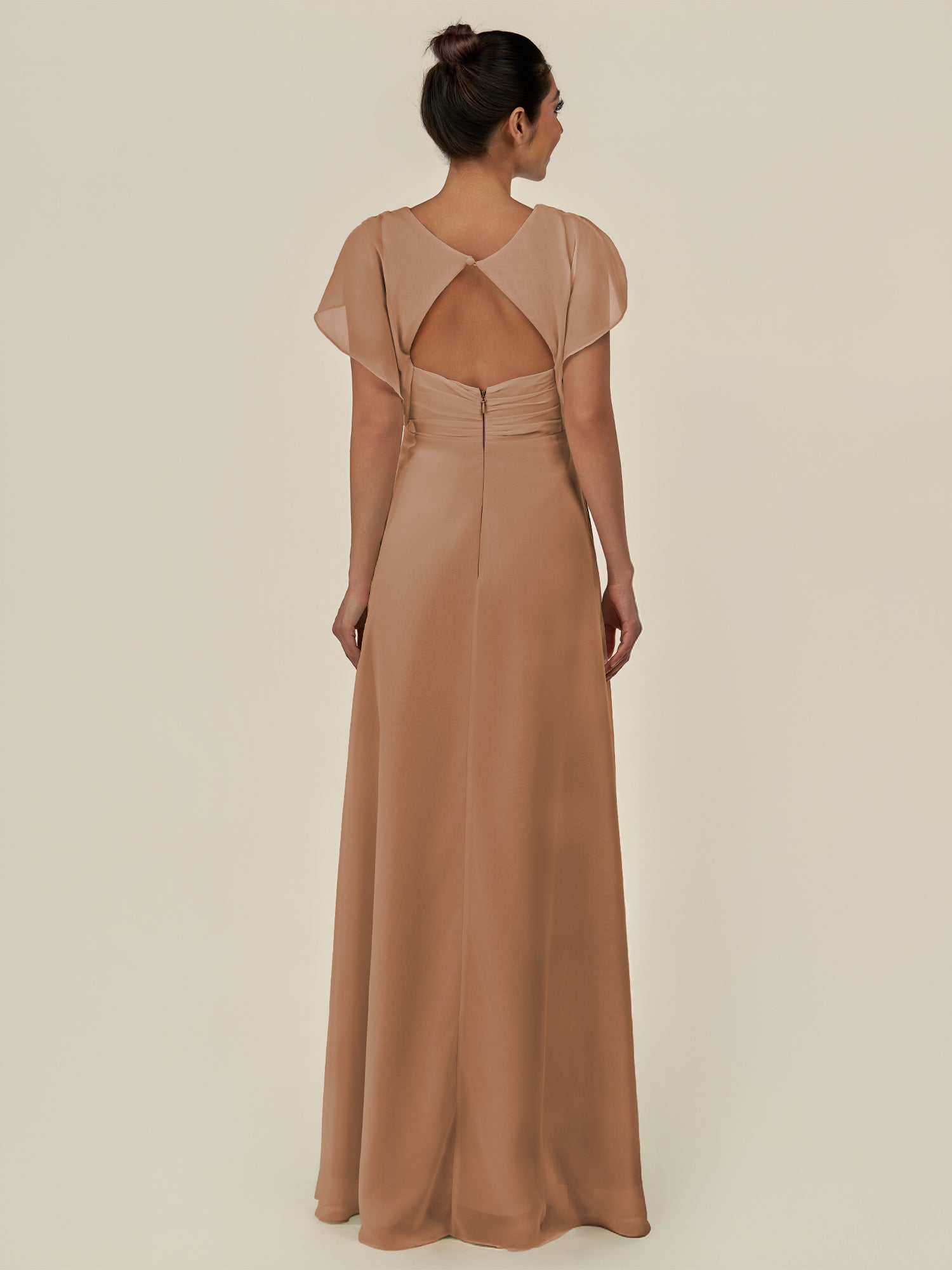 KissDress-Aven Bronzer A Line Chiffon Cap Sleeves V Neck Pleated Long Bridesmaid Dress with Slit