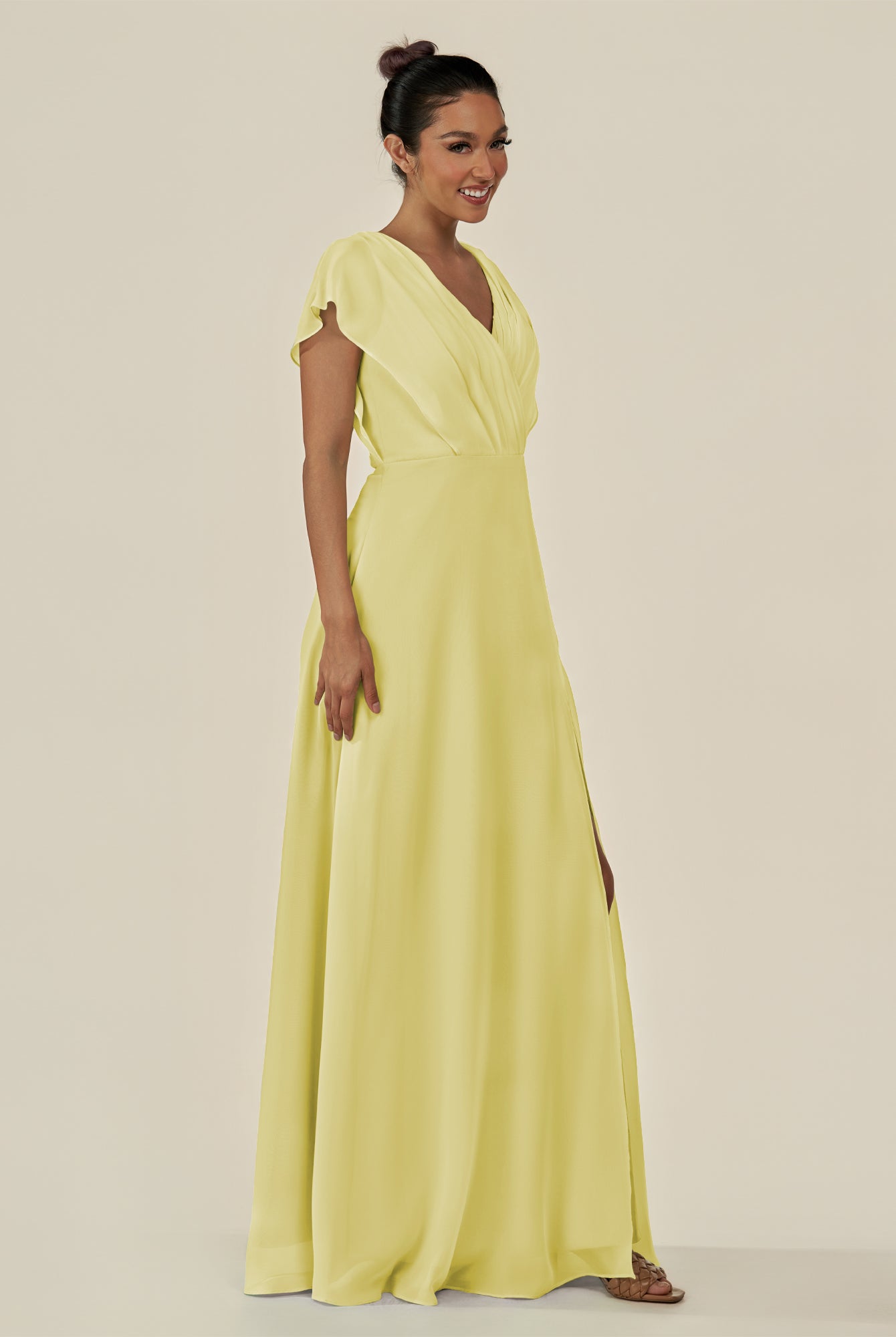 KissDress-Aven Buttercup A Line Chiffon Cap Sleeves V Neck Pleated Long Bridesmaid Dress with Slit