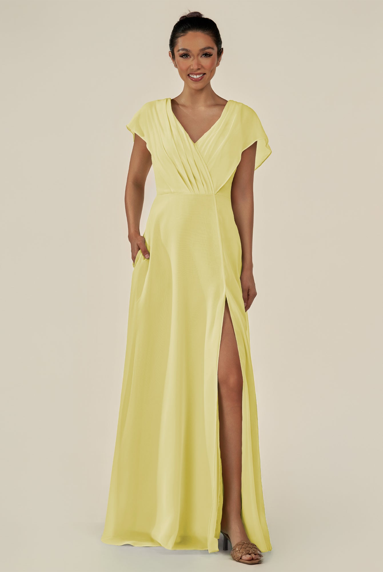 KissDress-Aven Buttercup A Line Chiffon Cap Sleeves V Neck Pleated Long Bridesmaid Dress with Slit