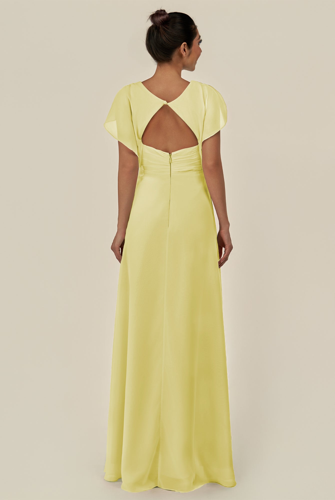 KissDress-Aven Buttercup A Line Chiffon Cap Sleeves V Neck Pleated Long Bridesmaid Dress with Slit