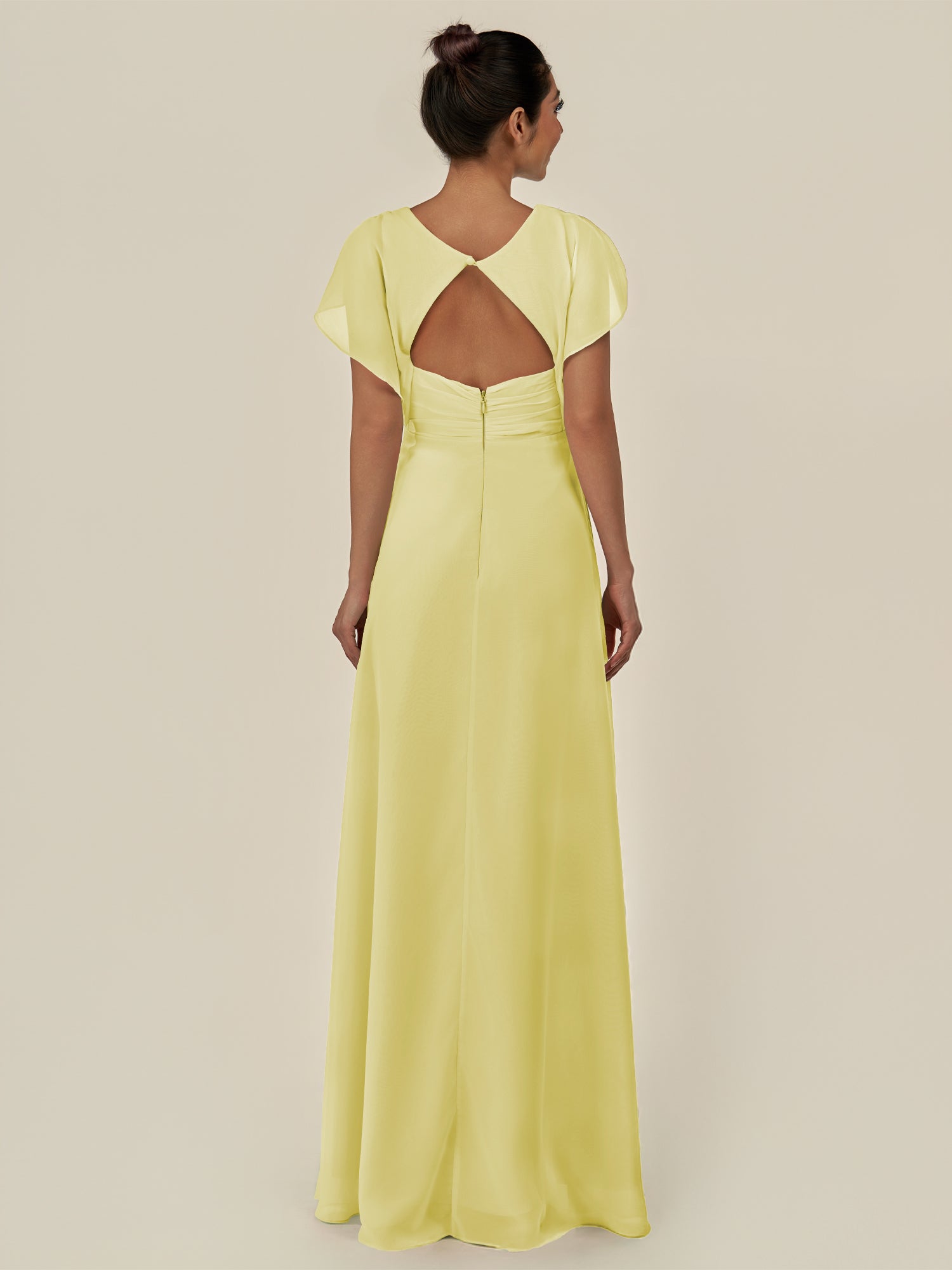 KissDress-Aven Buttercup A Line Chiffon Cap Sleeves V Neck Pleated Long Bridesmaid Dress with Slit