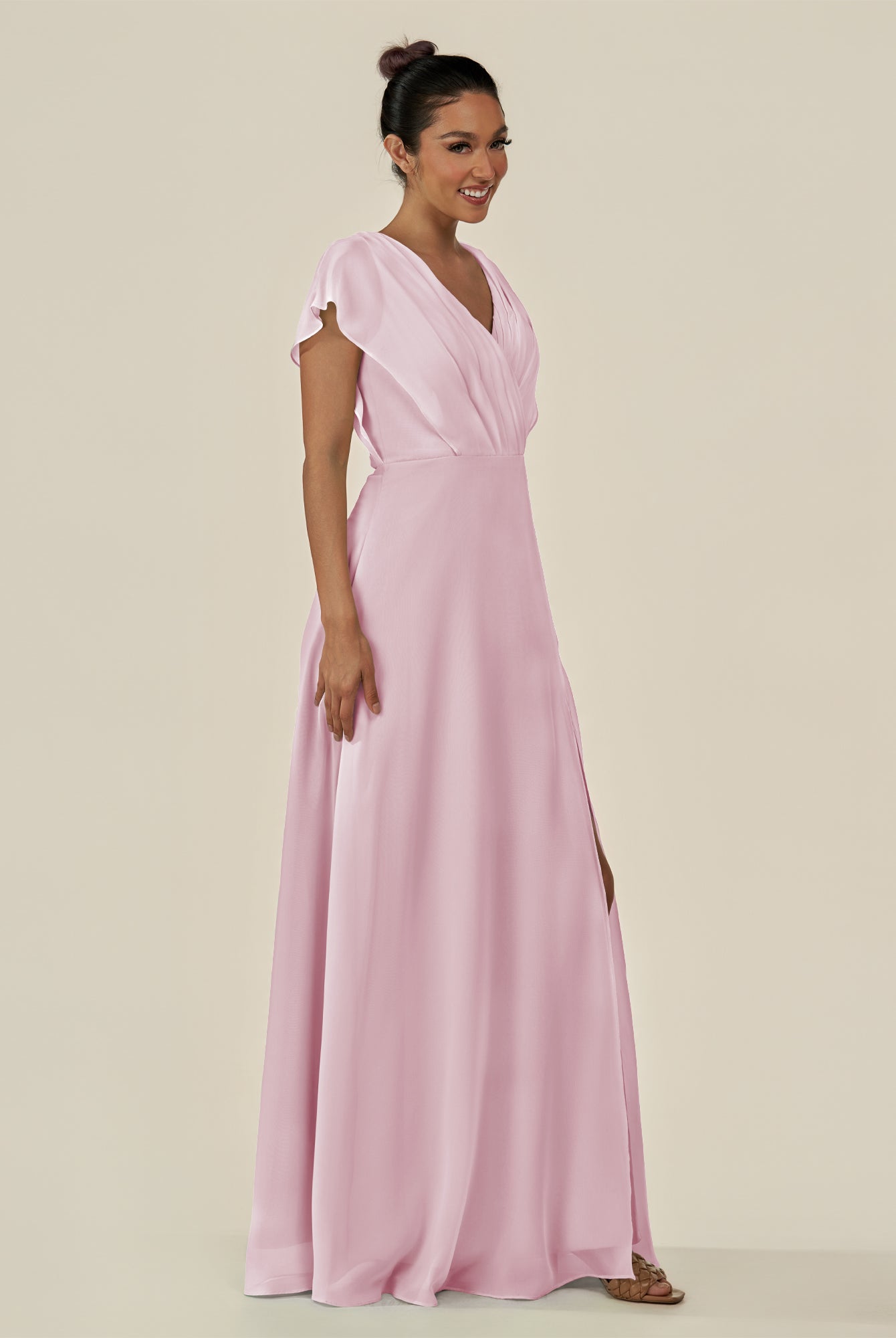 KissDress-Aven Candy Pink A Line Chiffon Cap Sleeves V Neck Pleated Long Bridesmaid Dress with Slit