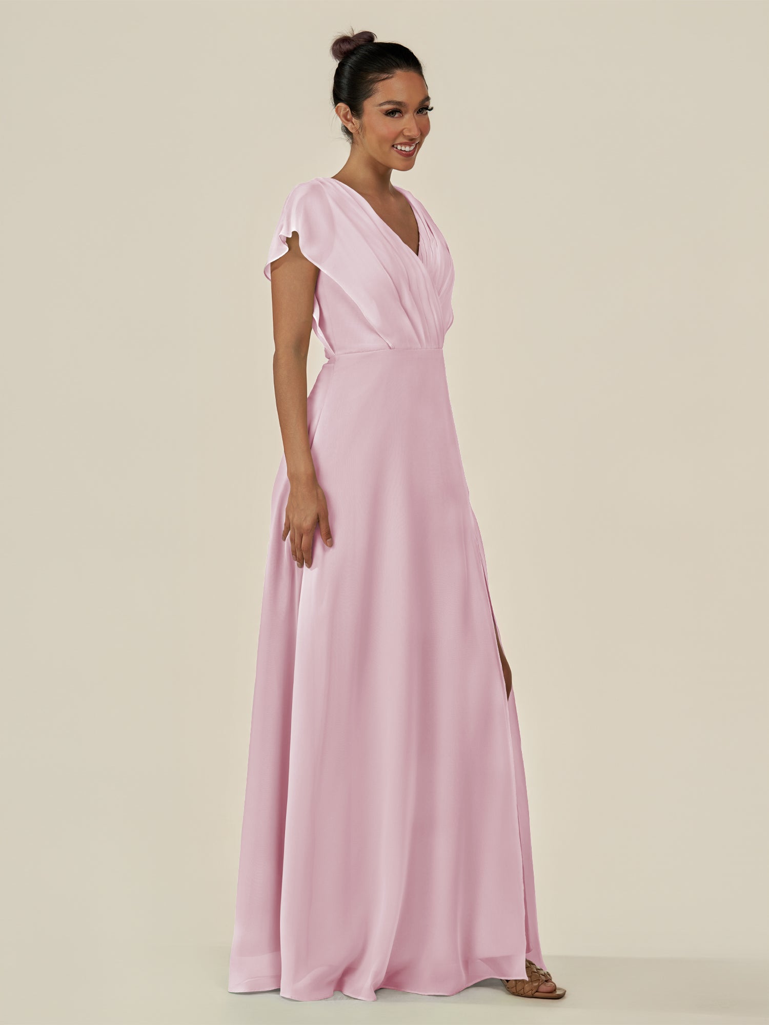 KissDress-Aven Candy Pink A Line Chiffon Cap Sleeves V Neck Pleated Long Bridesmaid Dress with Slit