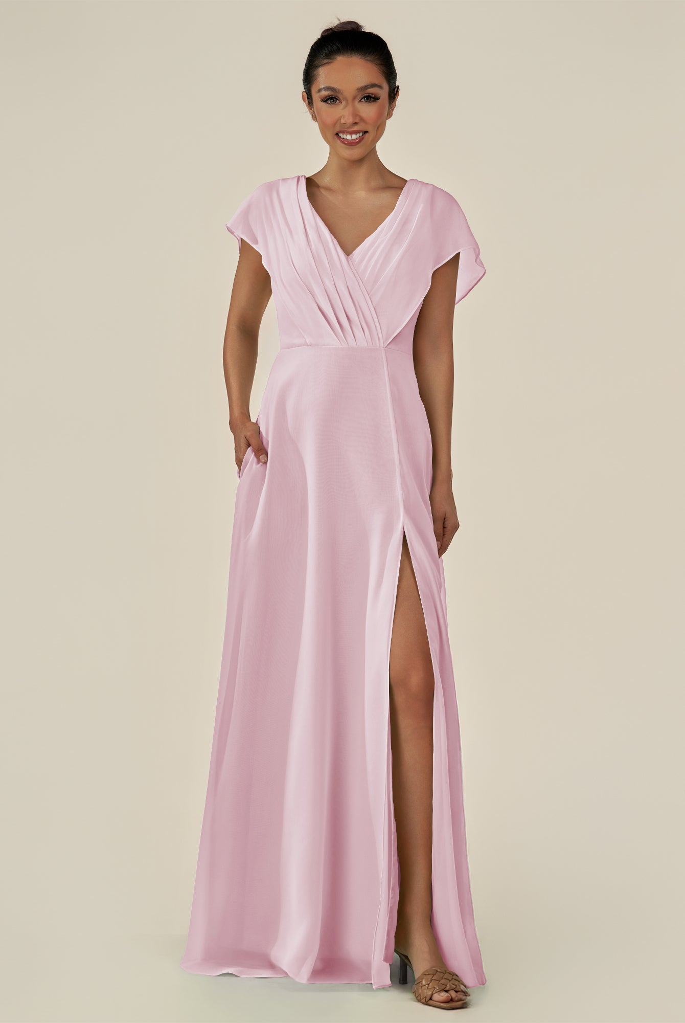 KissDress-Aven Candy Pink A Line Chiffon Cap Sleeves V Neck Pleated Long Bridesmaid Dress with Slit