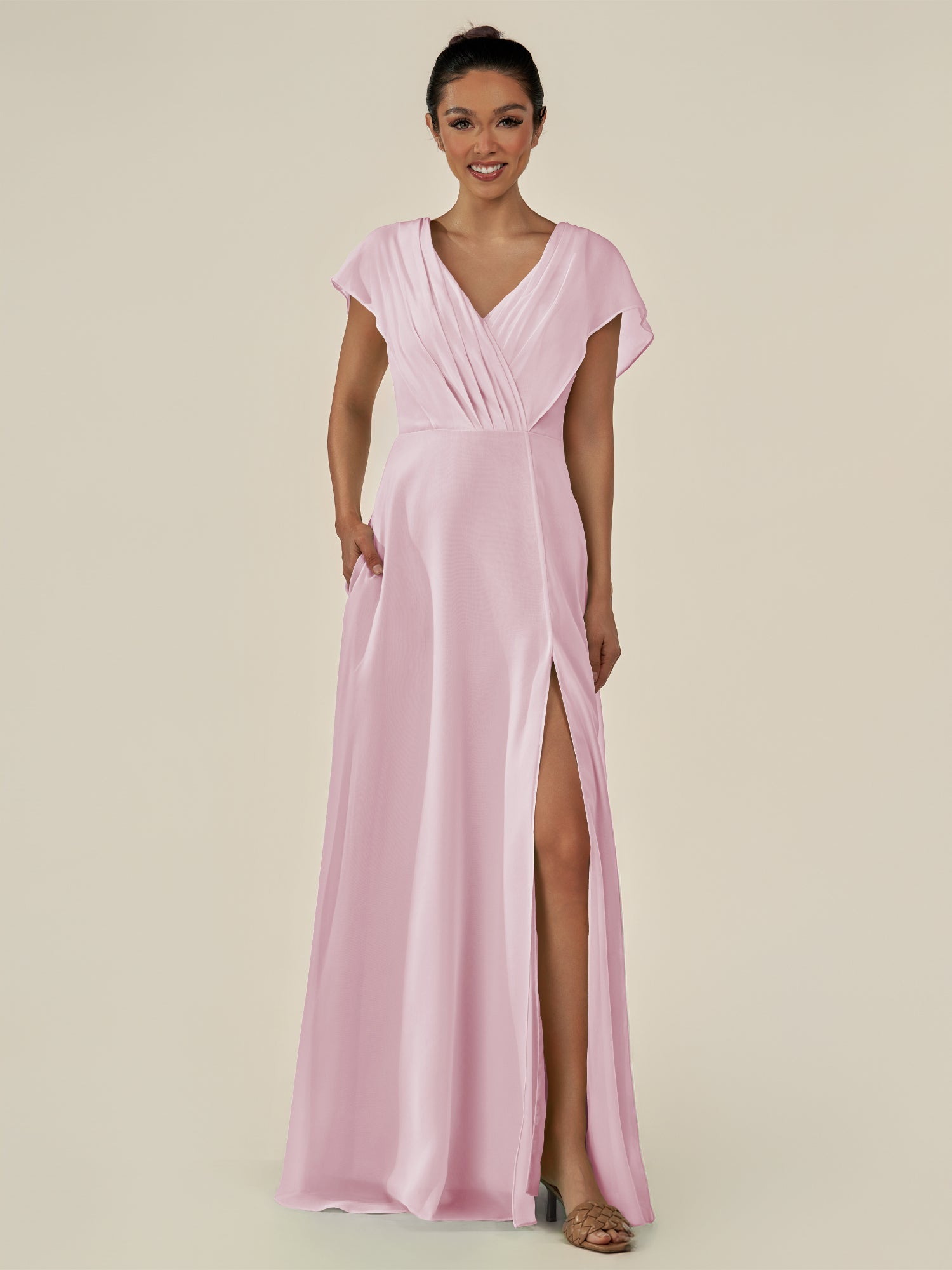 KissDress-Aven Candy Pink A Line Chiffon Cap Sleeves V Neck Pleated Long Bridesmaid Dress with Slit
