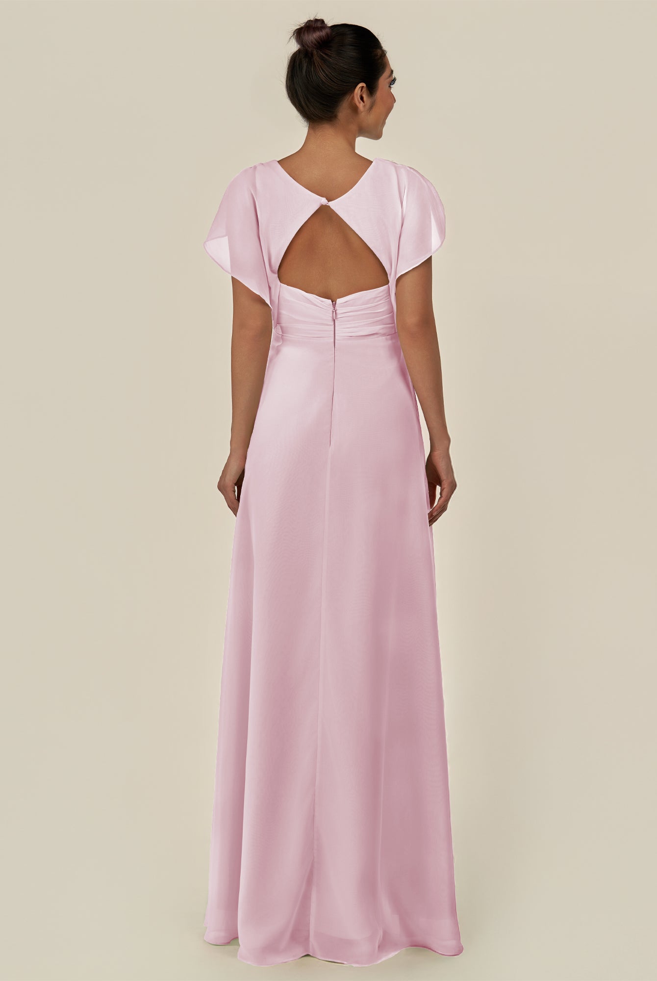 KissDress-Aven Candy Pink A Line Chiffon Cap Sleeves V Neck Pleated Long Bridesmaid Dress with Slit
