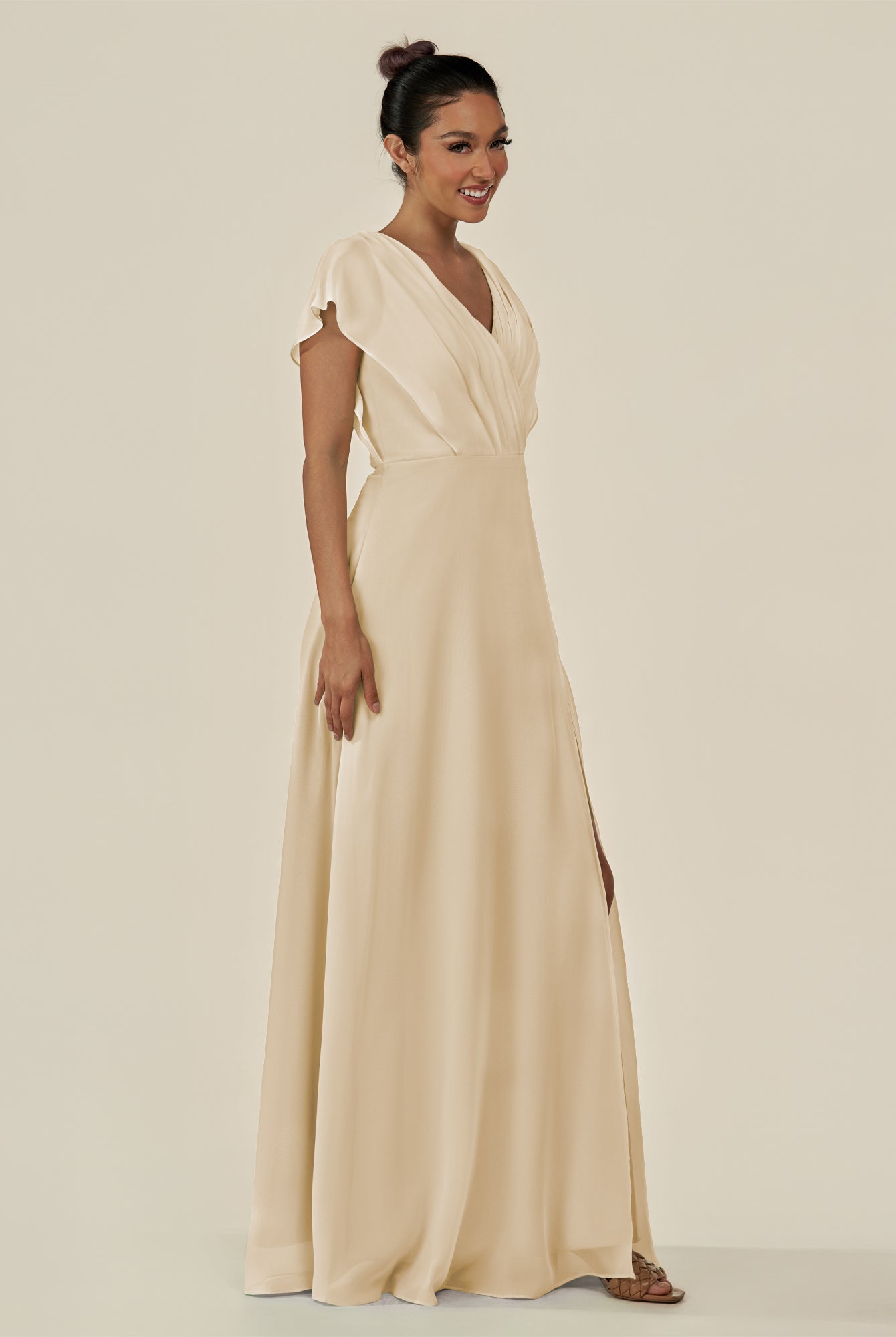 KissDress-Aven Champagne A Line Chiffon Cap Sleeves V Neck Pleated Long Bridesmaid Dress with Slit