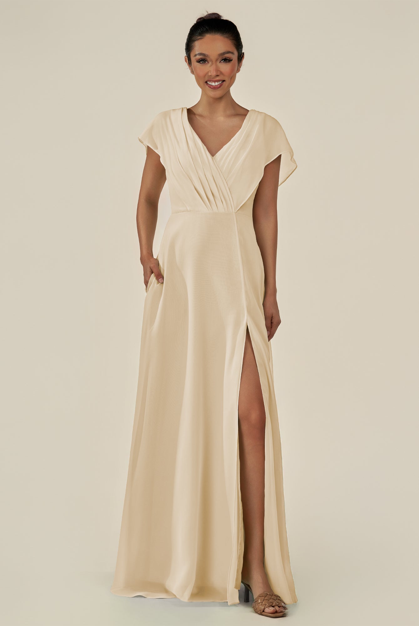 KissDress-Aven Champagne A Line Chiffon Cap Sleeves V Neck Pleated Long Bridesmaid Dress with Slit