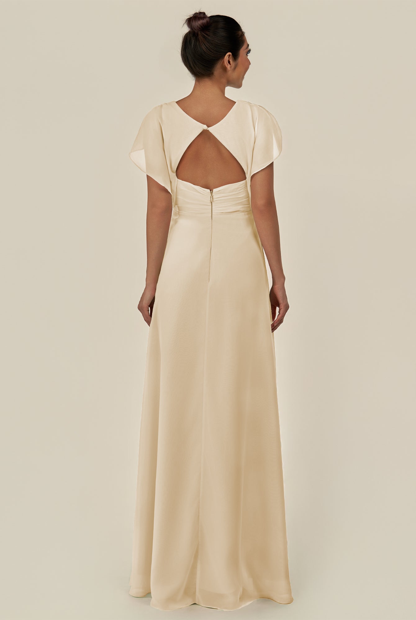 KissDress-Aven Champagne A Line Chiffon Cap Sleeves V Neck Pleated Long Bridesmaid Dress with Slit