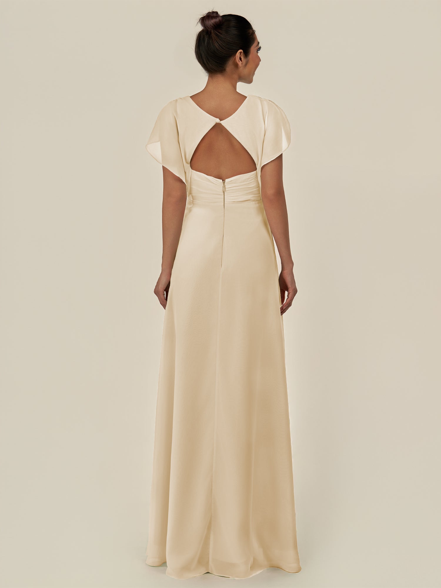 KissDress-Aven Champagne A Line Chiffon Cap Sleeves V Neck Pleated Long Bridesmaid Dress with Slit