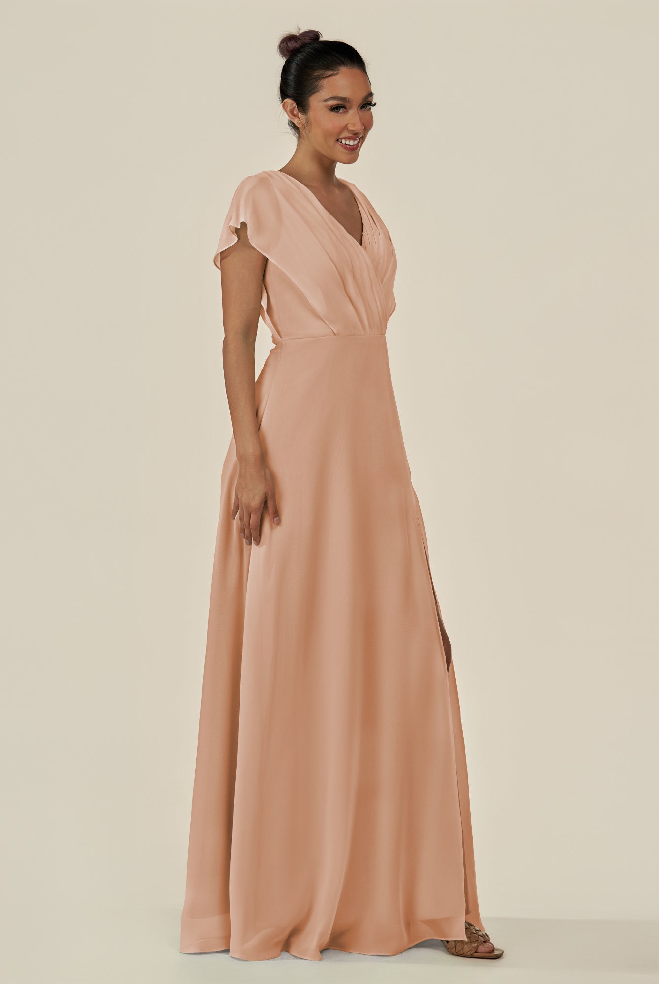 KissDress-Aven Champagne Rose A Line Chiffon Cap Sleeves V Neck Pleated Long Bridesmaid Dress with Slit
