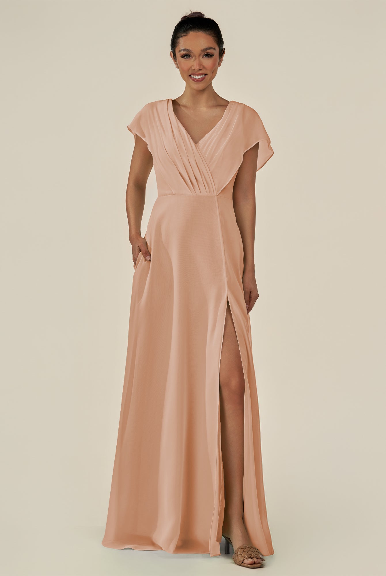 KissDress-Aven Champagne Rose A Line Chiffon Cap Sleeves V Neck Pleated Long Bridesmaid Dress with Slit