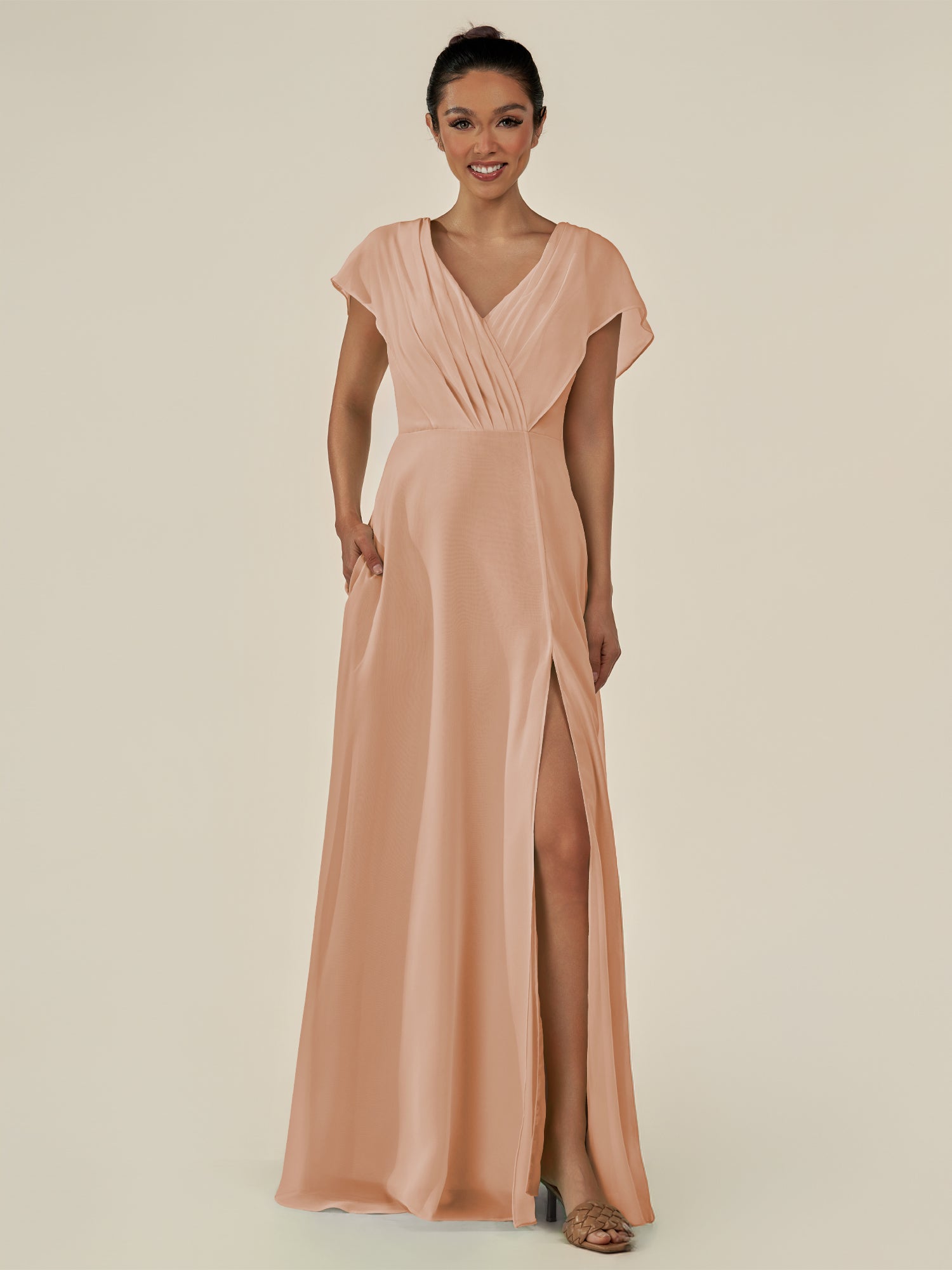KissDress-Aven Champagne Rose A Line Chiffon Cap Sleeves V Neck Pleated Long Bridesmaid Dress with Slit