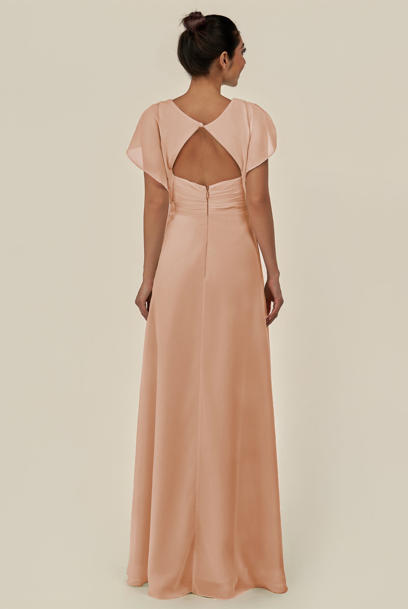 KissDress-Aven Champagne Rose A Line Chiffon Cap Sleeves V Neck Pleated Long Bridesmaid Dress with Slit