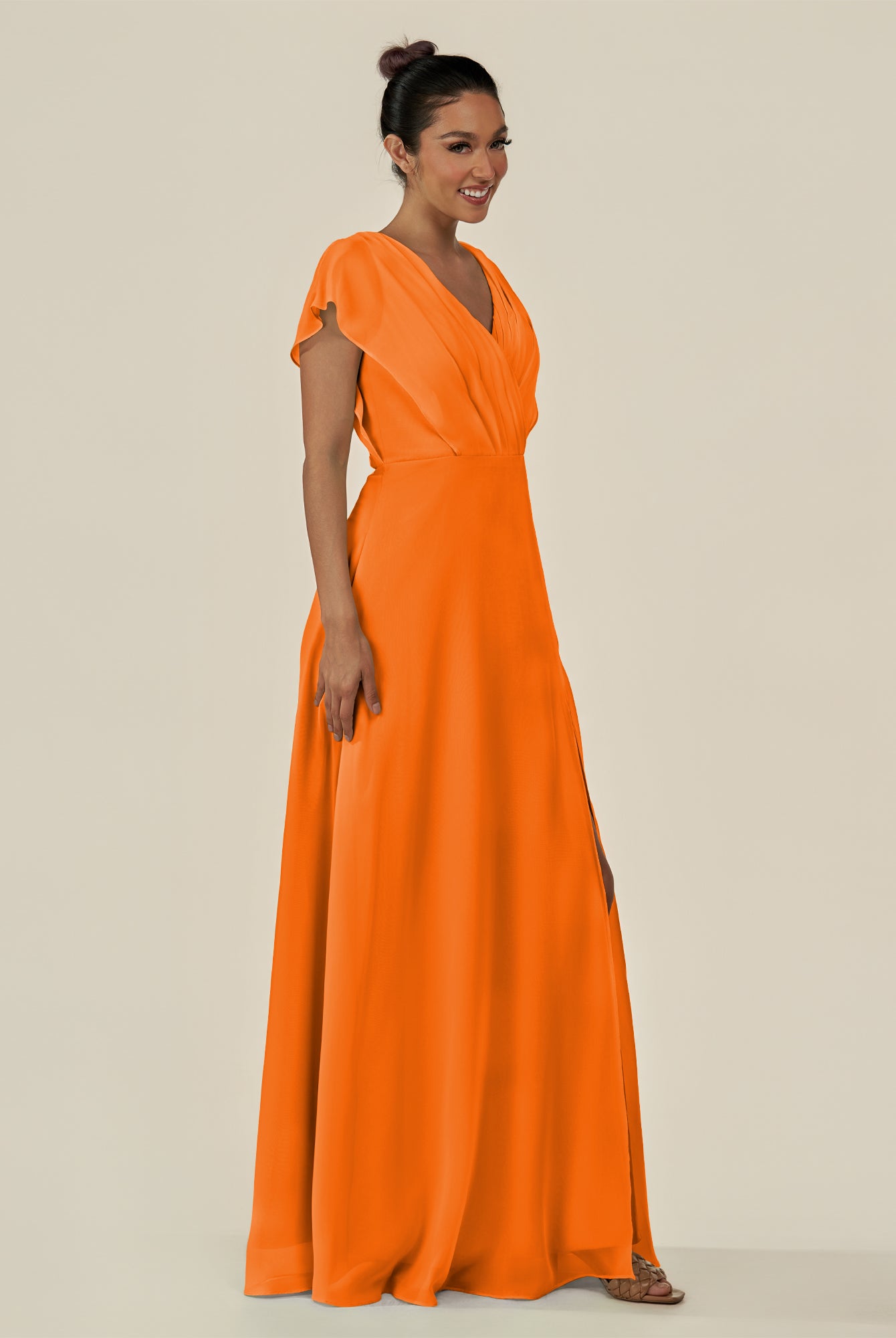 KissDress-Aven Cinnamon A Line Chiffon Cap Sleeves V Neck Pleated Long Bridesmaid Dress with Slit