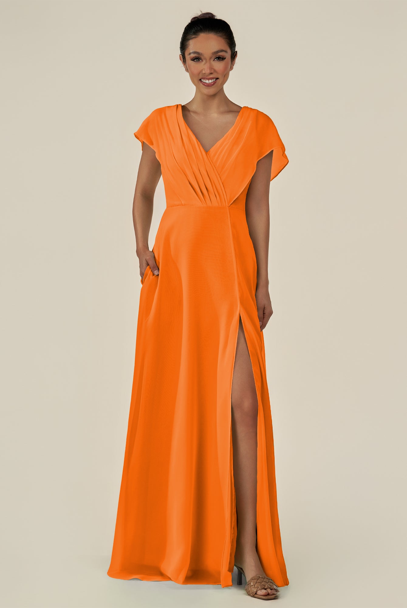KissDress-Aven Cinnamon A Line Chiffon Cap Sleeves V Neck Pleated Long Bridesmaid Dress with Slit