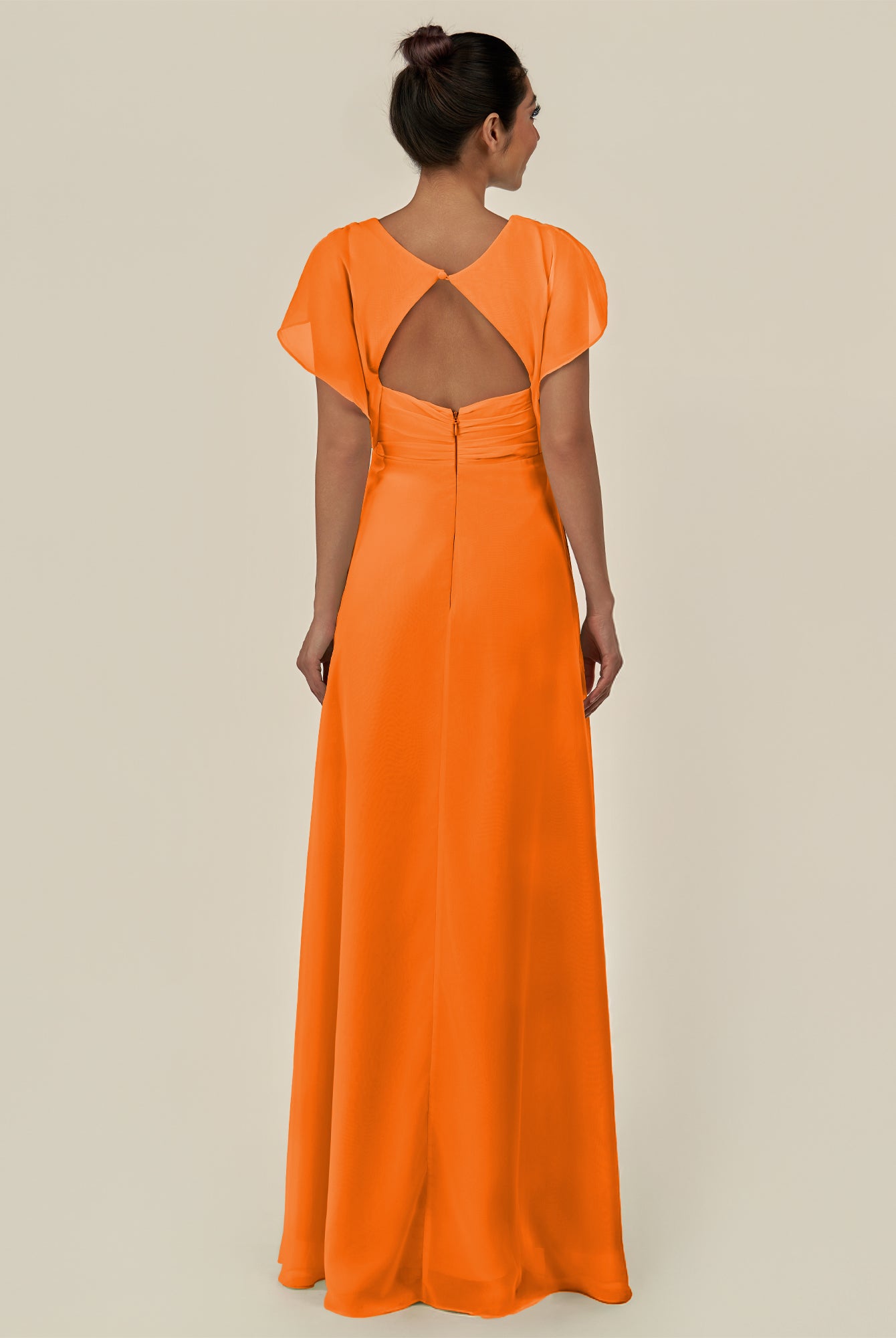 KissDress-Aven Cinnamon A Line Chiffon Cap Sleeves V Neck Pleated Long Bridesmaid Dress with Slit