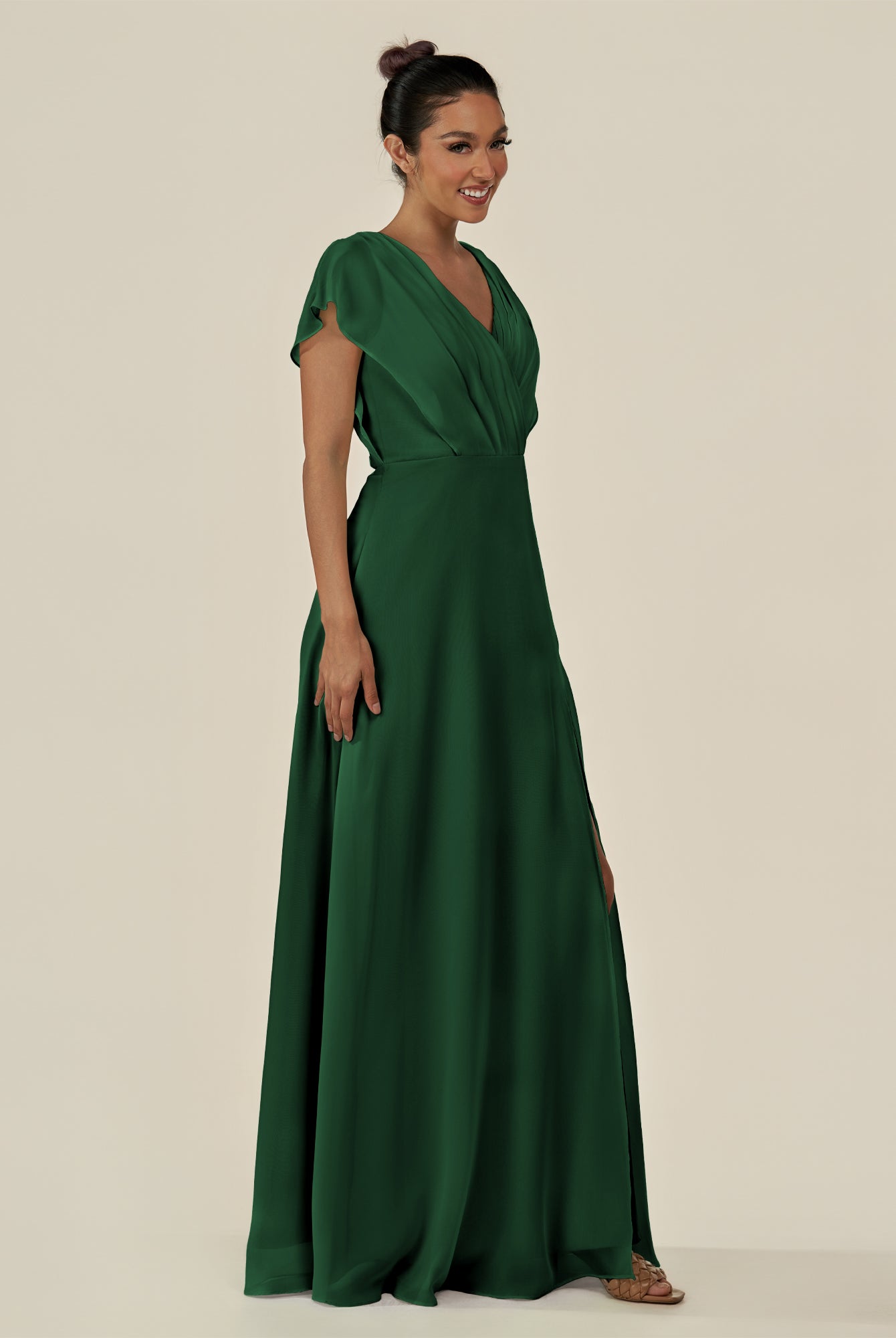 KissDress-Aven Dark Green A Line Chiffon Cap Sleeves V Neck Pleated Long Bridesmaid Dress with Slit