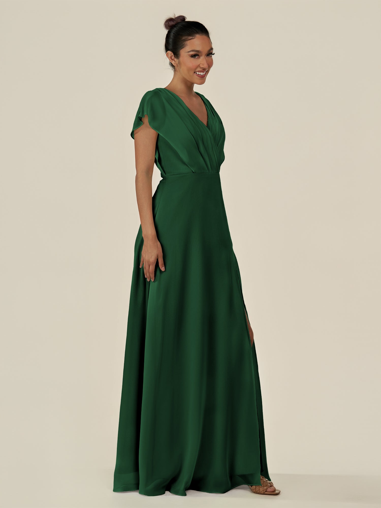 KissDress-Aven Dark Green A Line Chiffon Cap Sleeves V Neck Pleated Long Bridesmaid Dress with Slit