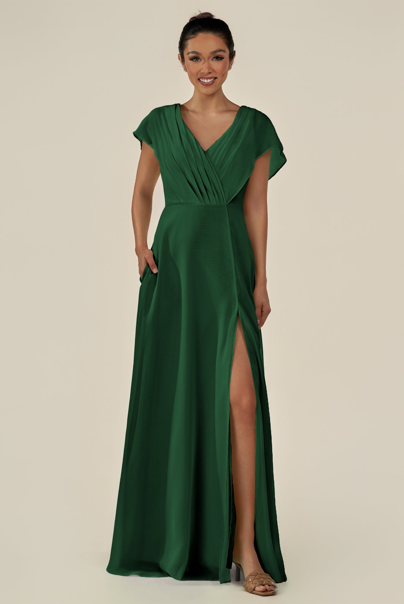 KissDress-Aven Dark Green A Line Chiffon Cap Sleeves V Neck Pleated Long Bridesmaid Dress with Slit