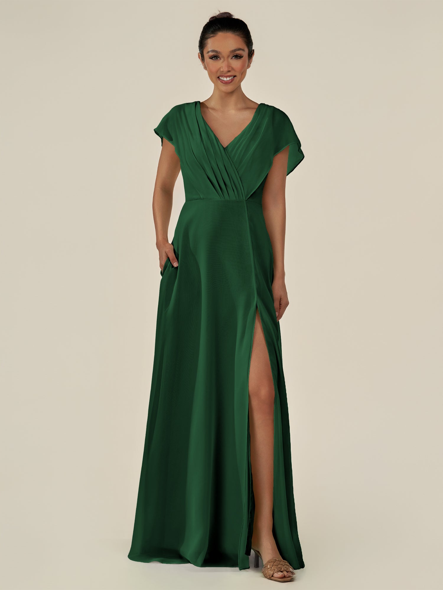 KissDress-Aven Dark Green A Line Chiffon Cap Sleeves V Neck Pleated Long Bridesmaid Dress with Slit