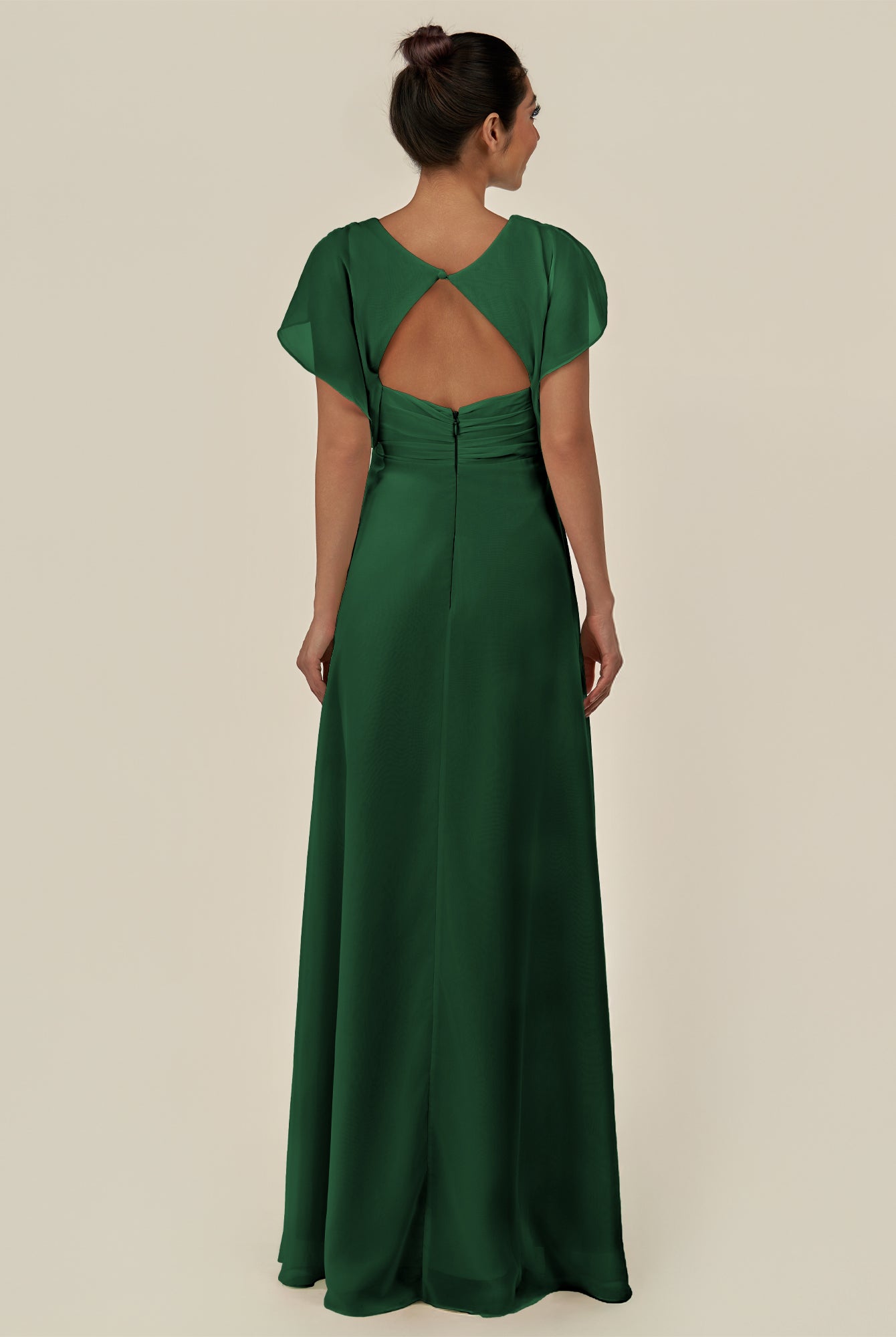 KissDress-Aven Dark Green A Line Chiffon Cap Sleeves V Neck Pleated Long Bridesmaid Dress with Slit