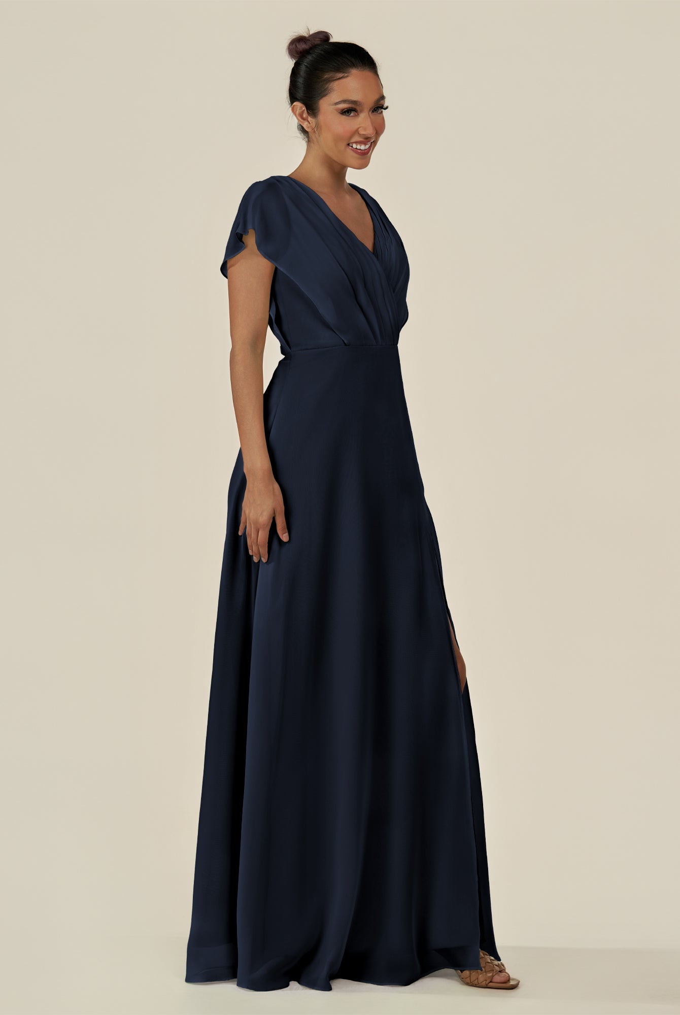 KissDress-Aven Dark Navy A Line Chiffon Cap Sleeves V Neck Pleated Long Bridesmaid Dress with Slit
