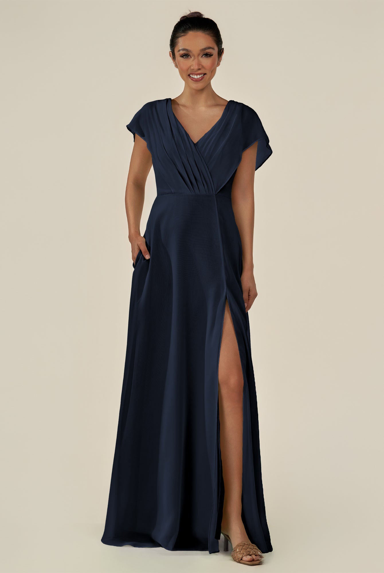 KissDress-Aven Dark Navy A Line Chiffon Cap Sleeves V Neck Pleated Long Bridesmaid Dress with Slit