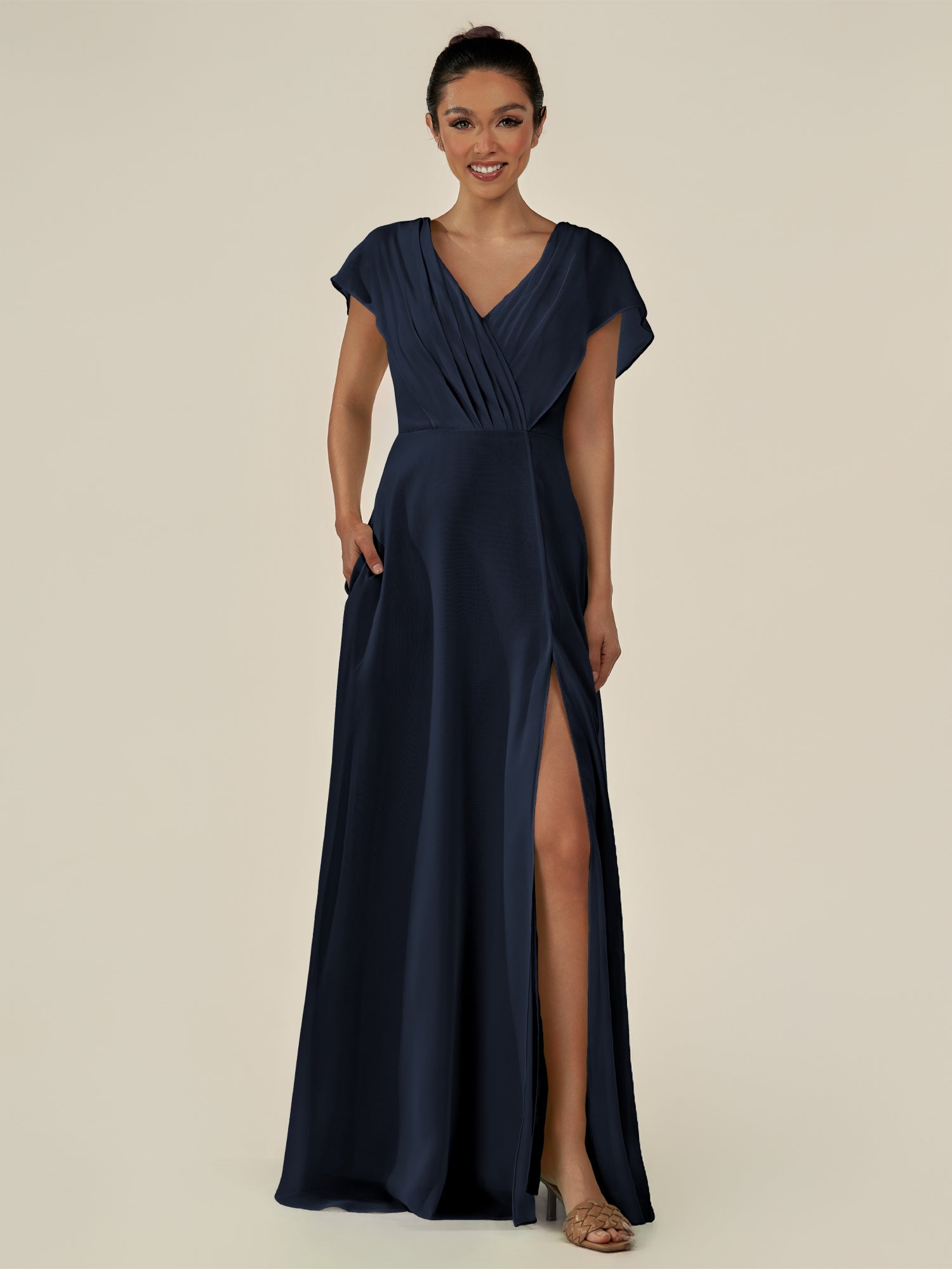 KissDress-Aven Dark Navy A Line Chiffon Cap Sleeves V Neck Pleated Long Bridesmaid Dress with Slit