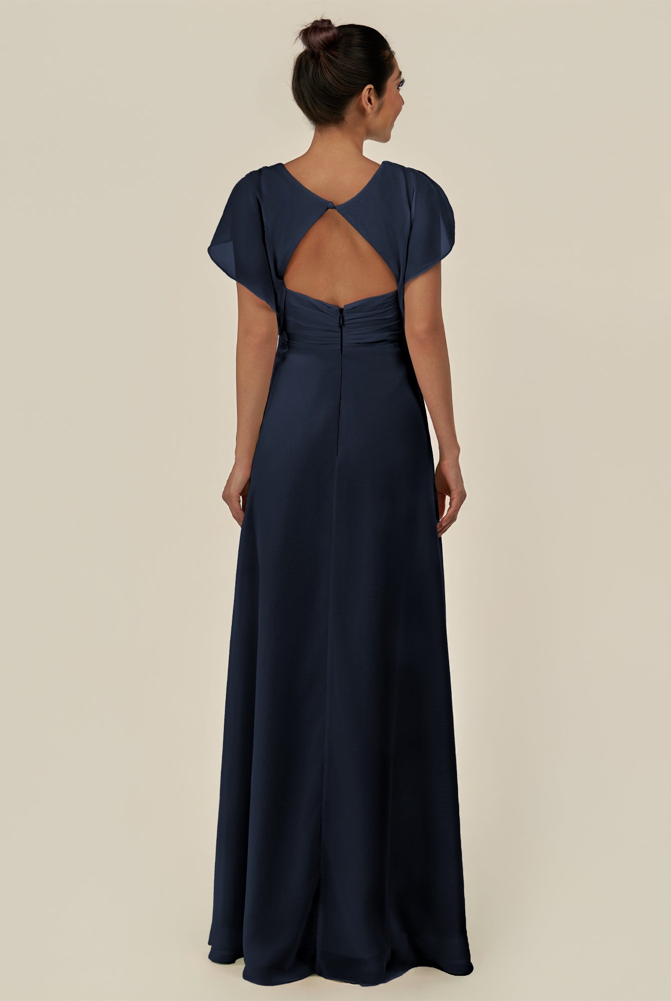 KissDress-Aven Dark Navy A Line Chiffon Cap Sleeves V Neck Pleated Long Bridesmaid Dress with Slit