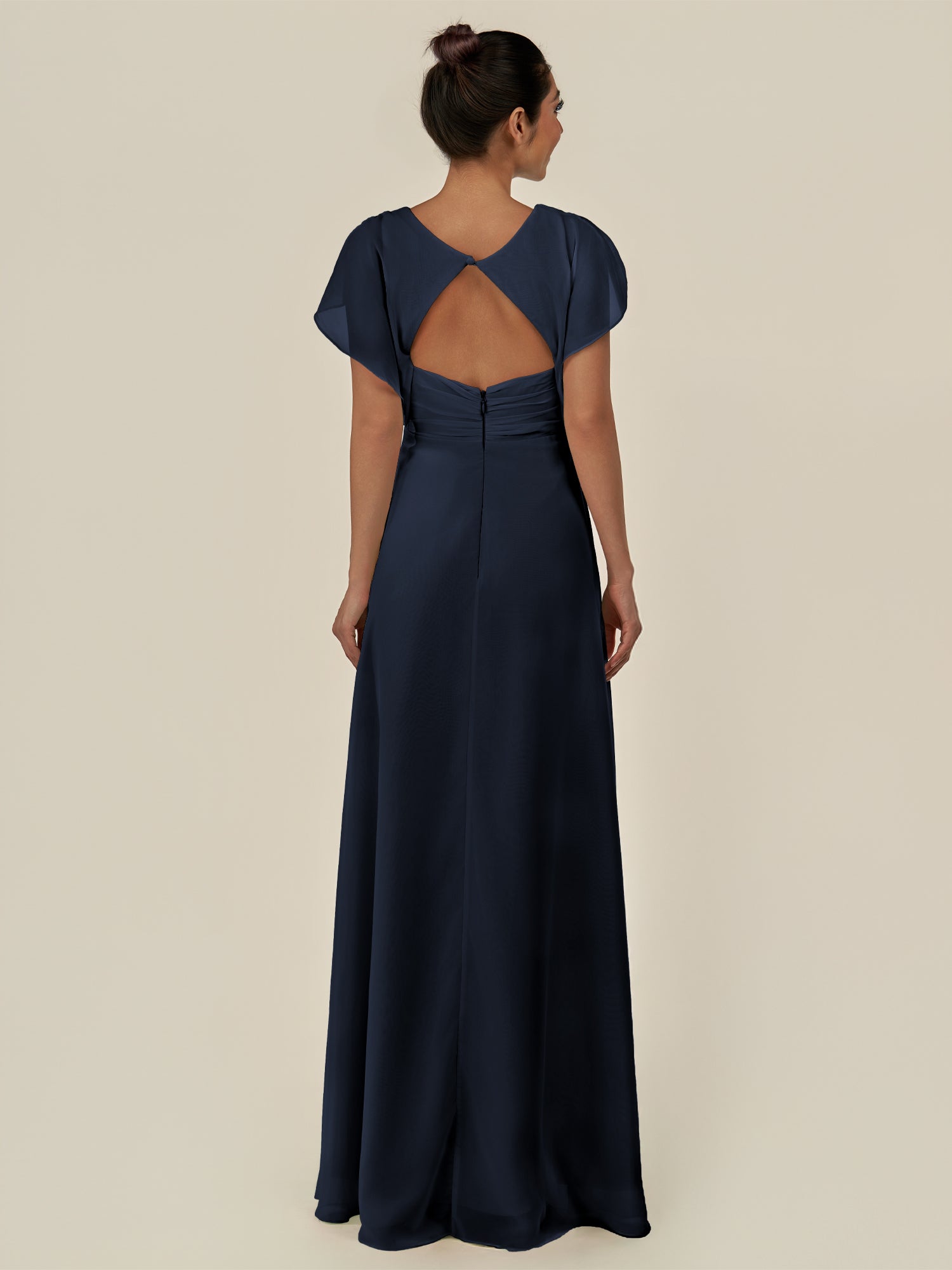 KissDress-Aven Dark Navy A Line Chiffon Cap Sleeves V Neck Pleated Long Bridesmaid Dress with Slit