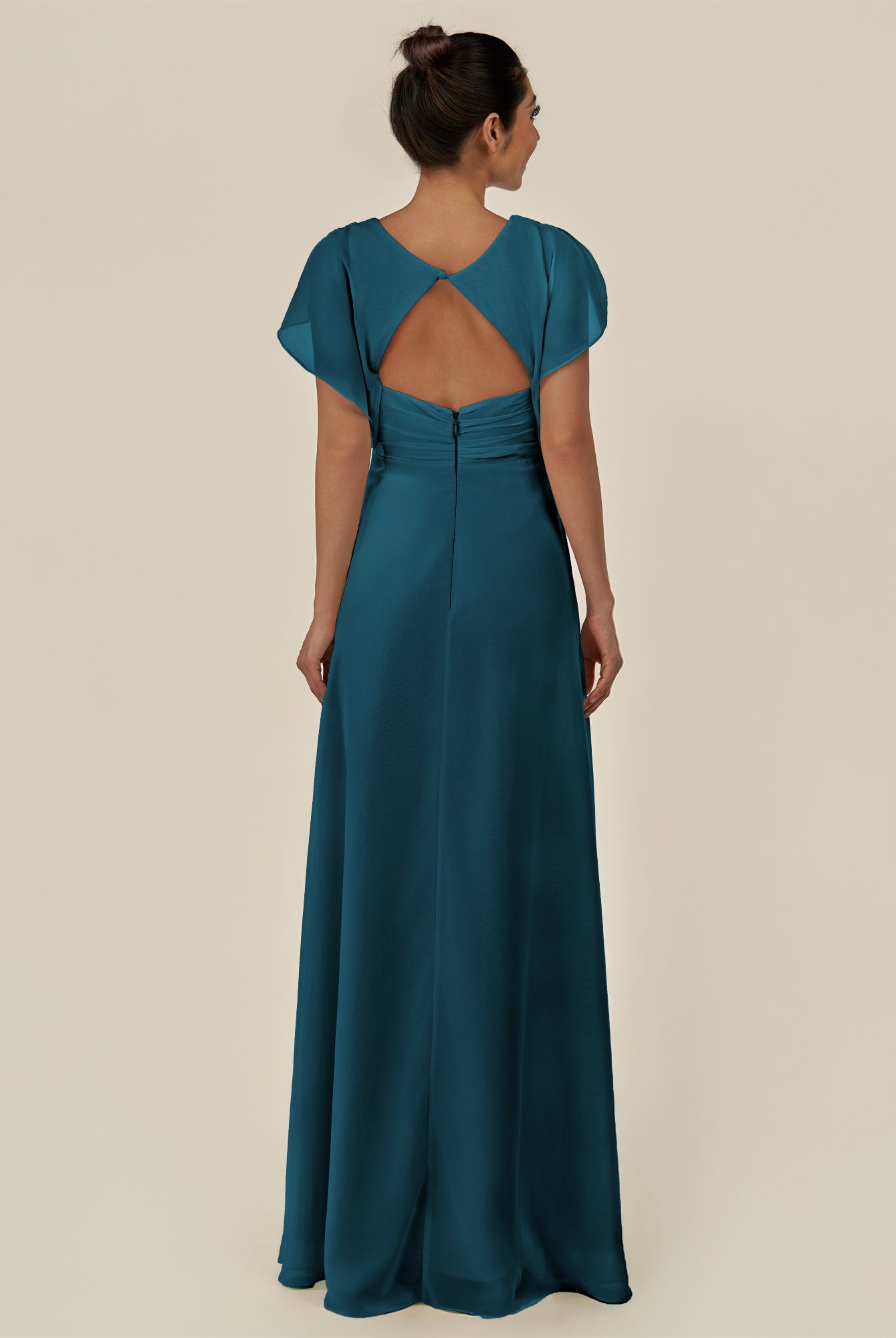 KissDress-Aven Dark Teal A Line Chiffon Cap Sleeves V Neck Pleated Long Bridesmaid Dress with Slit