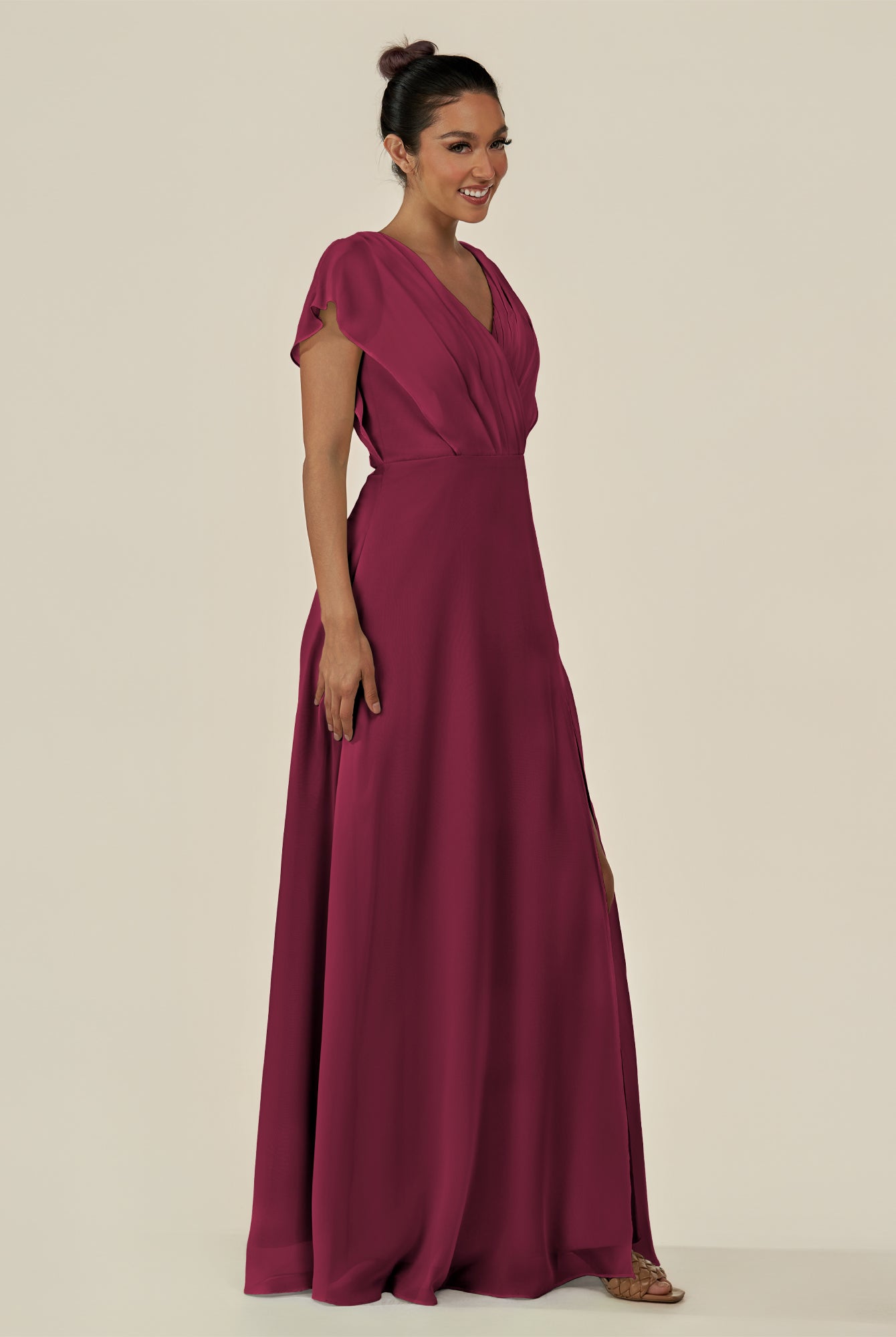 KissDress-Aven Desert Rose A Line Chiffon Cap Sleeves V Neck Pleated Long Bridesmaid Dress with Slit