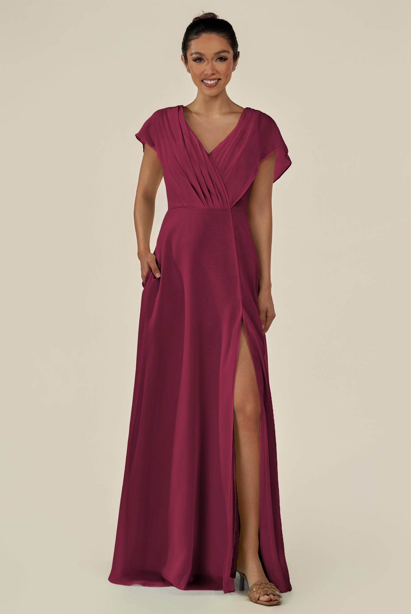 KissDress-Aven Desert Rose A Line Chiffon Cap Sleeves V Neck Pleated Long Bridesmaid Dress with Slit