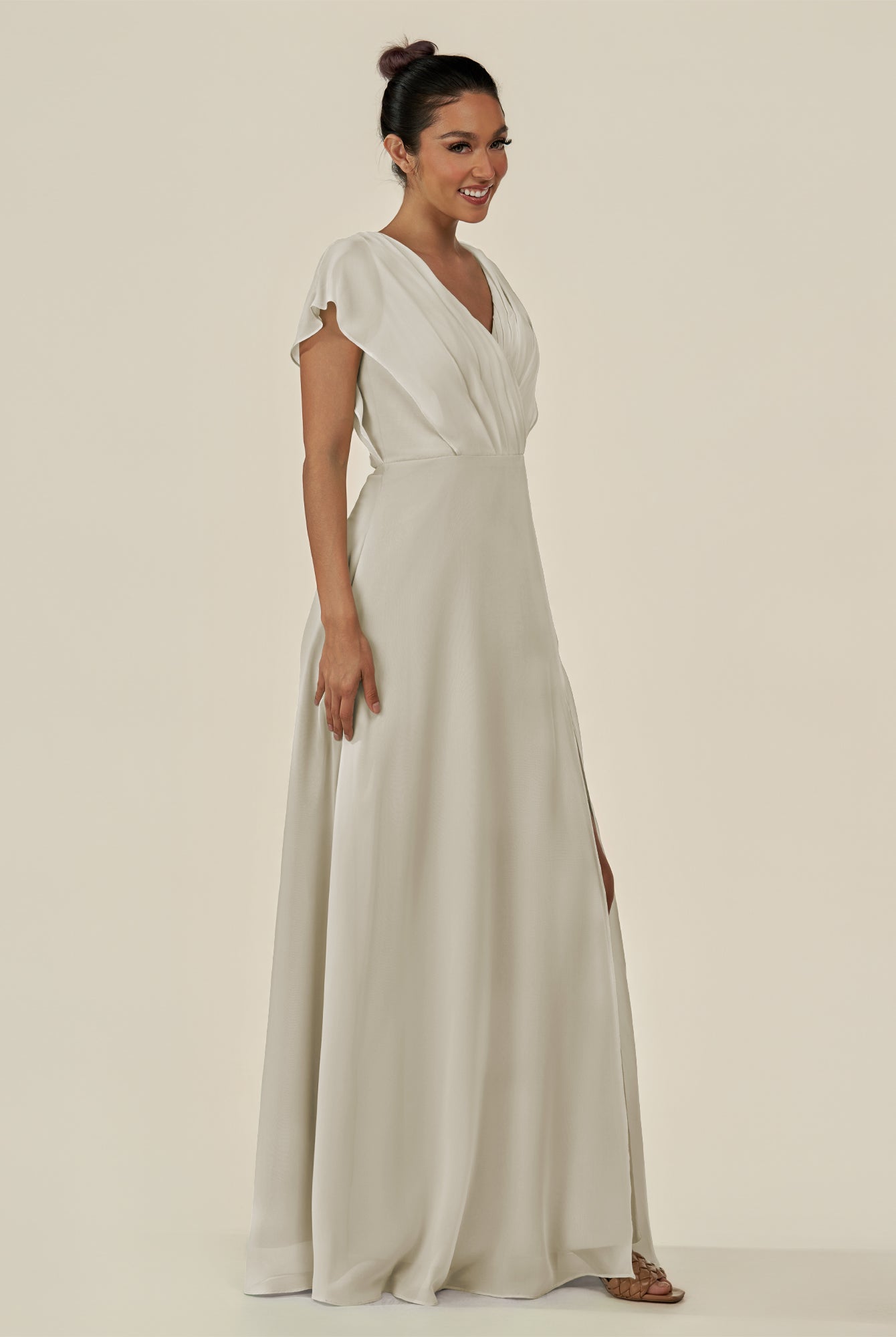KissDress-Aven Dove Gray A Line Chiffon Cap Sleeves V Neck Pleated Long Bridesmaid Dress with Slit